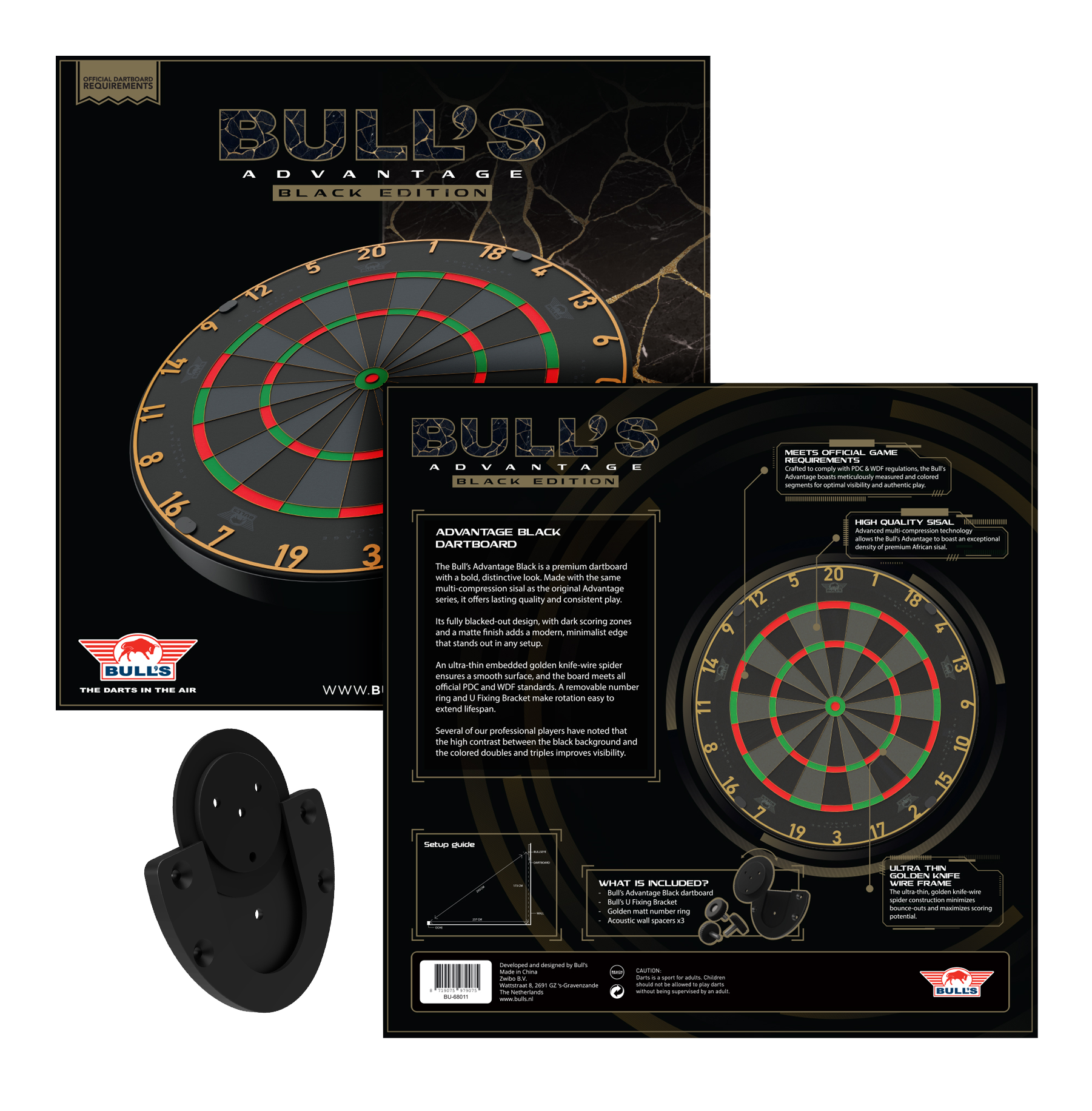 Das Bild zeigt das Bulls NL Advantage Black-Edition Steeldartboard. Dies ist eine schwarze Dartscheibe für Steeldart-Spiele.