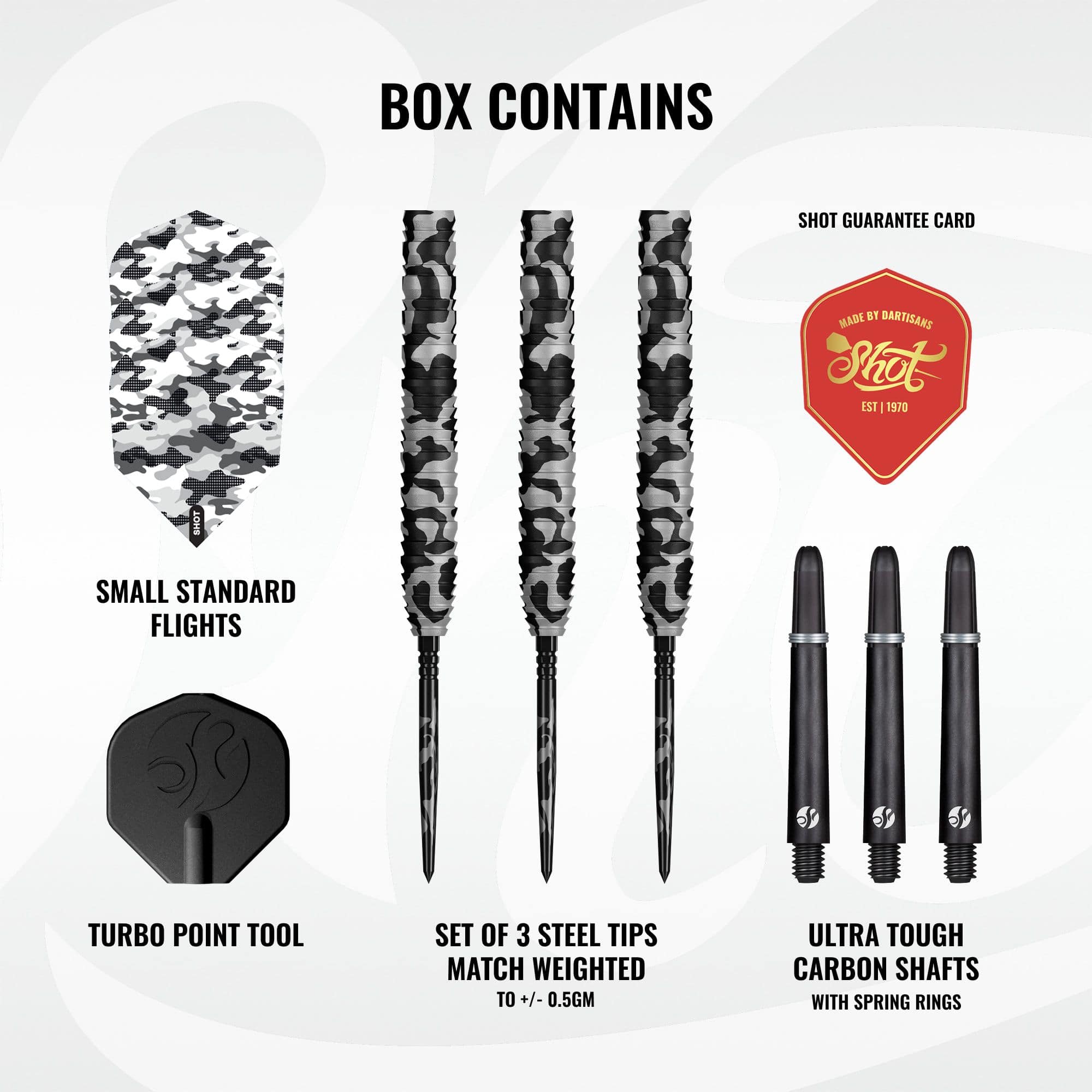 Shot Camo Polar Turbo Point Steeldarts Ein Satz Steeldarts mit besonderem Muster ist dargestellt. Die Darts sind nebeneinander angeordnet.