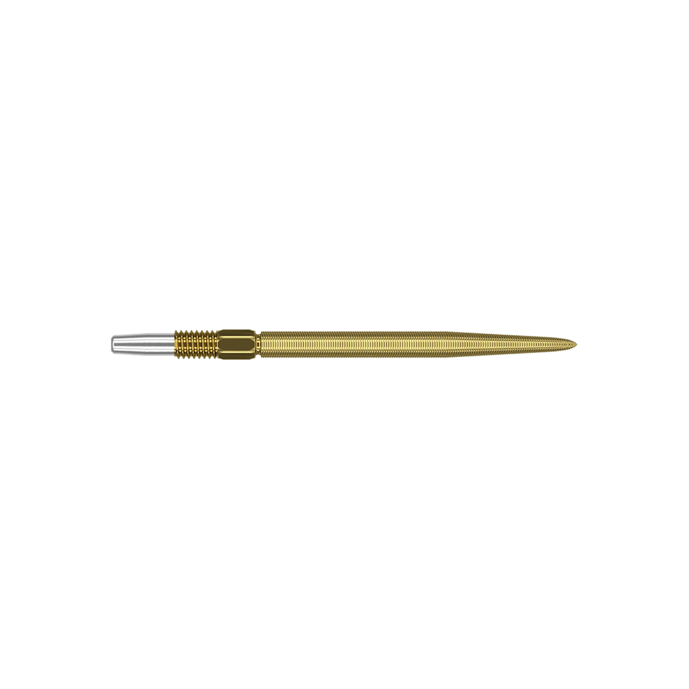 Target Swiss Point Nano Dart Tips - Gold Dies ist eine goldfarbene Dartspitze mit feiner Riffelung. Sie hat am Ende ein silbernes Verbindungsstück.