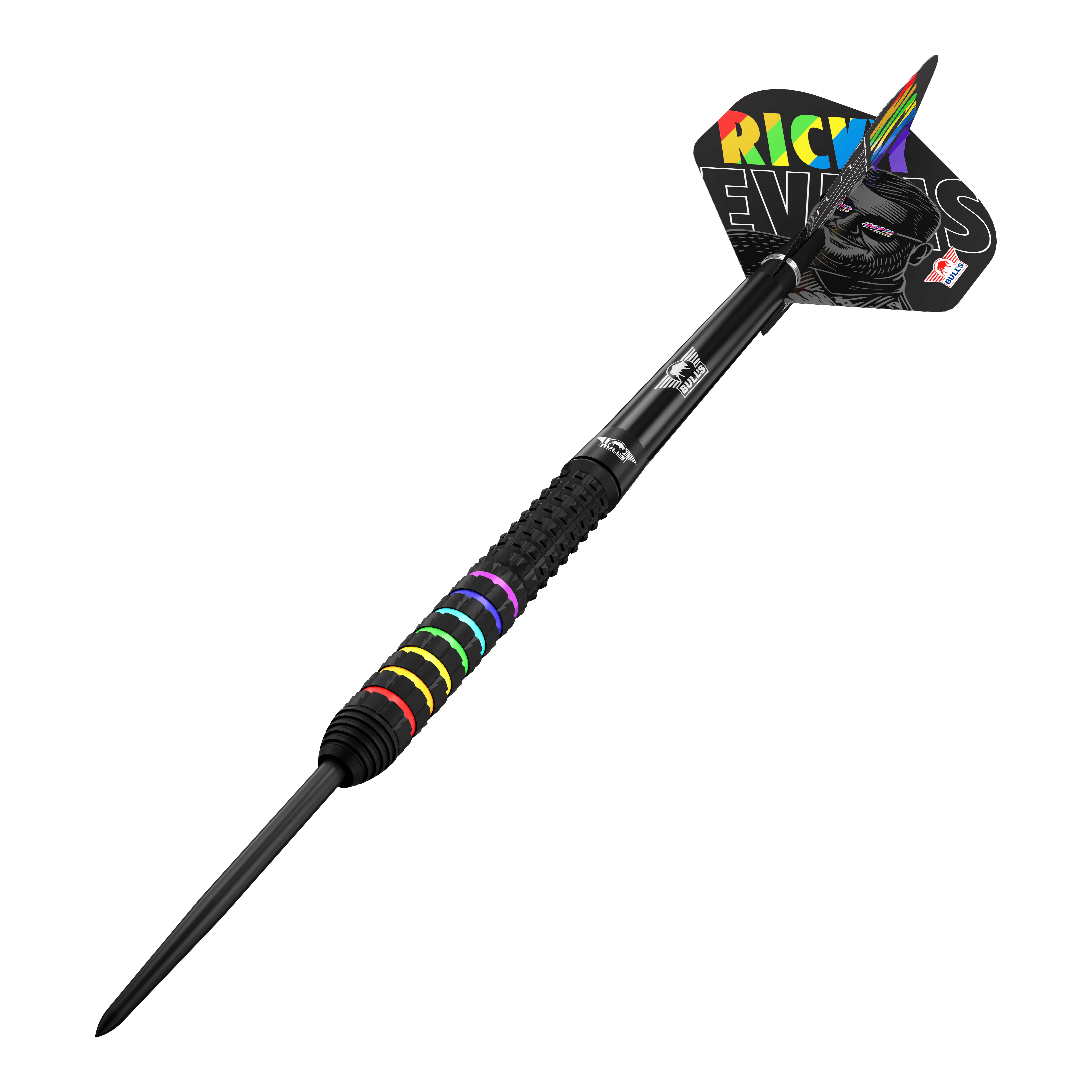 Das Bild zeigt die Bulls NL Ricky Evans Rapid 95 Steeldarts mit 23 Gramm. Die Steeldarts haben ein stilvolles Design und sind für das Dartspiel geeignet.