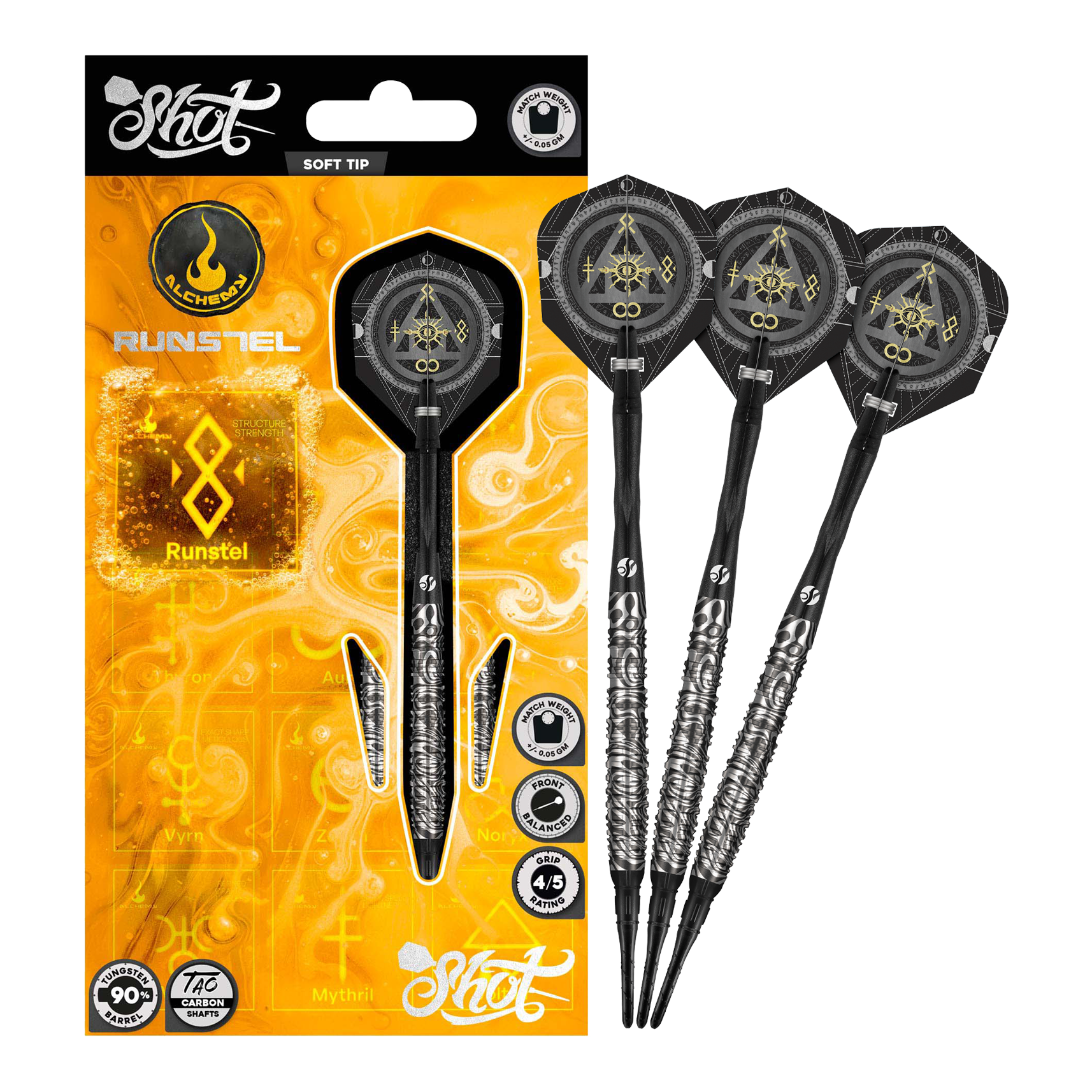 Das Bild zeigt die Shot Alchemy Runstel Softdarts mit 20 Gramm Gewicht. Die Darts sind vollständig und detailliert abgebildet.