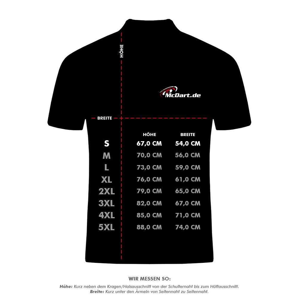 Das Bild zeigt eine Größentabelle für das Harrows Paragon Dartshirt - Gelb. Die Maße für Höhe und Breite sind für die Größen S bis 5XL in Zentimetern angegeben.