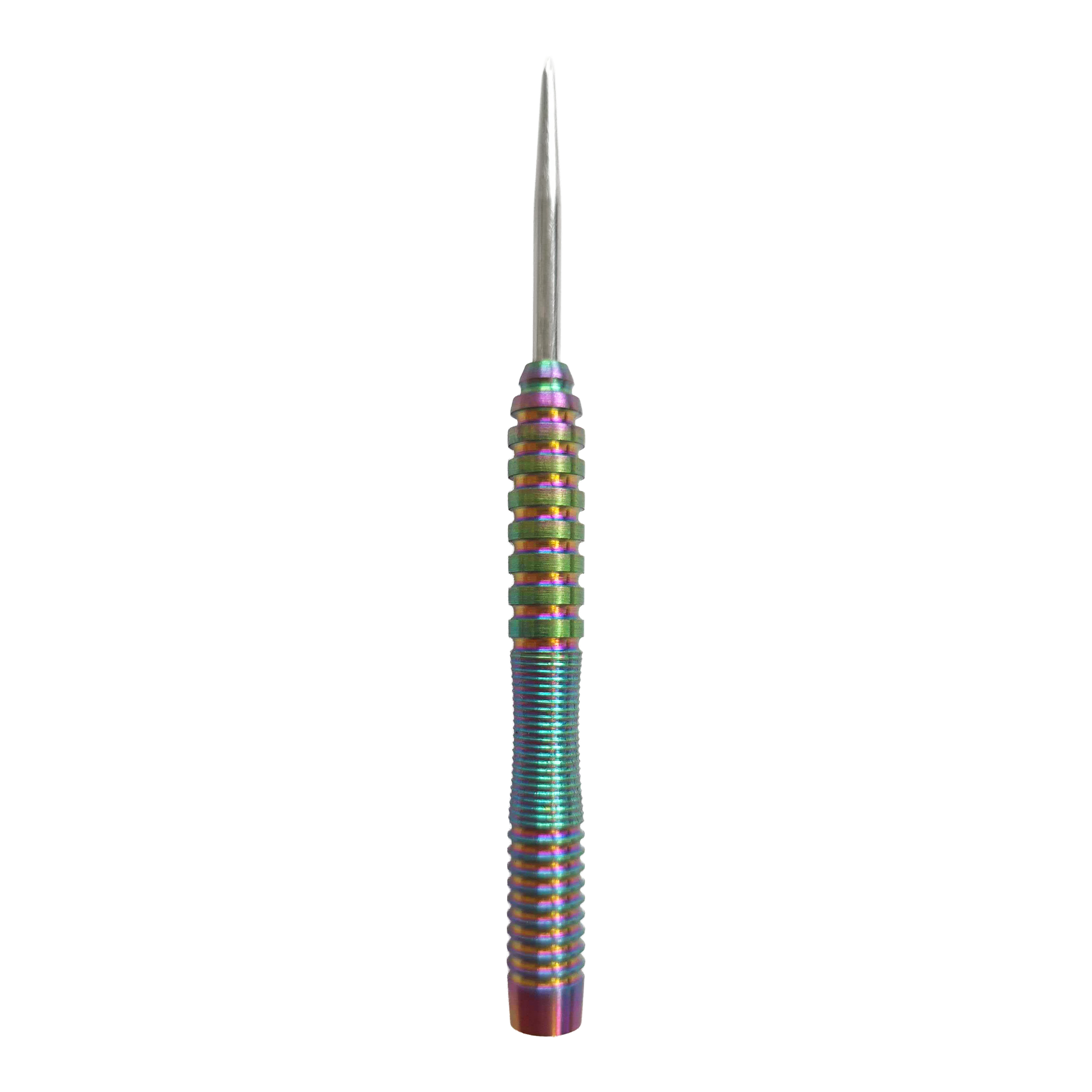 McDart Rainbow 3 steel dart barrels - 22g Das Bild zeigt die McDart Rainbow 3 Steeldart-Barrels - 22g. Es handelt sich um Dart-Barrels mit auffälligem Regenbogen-Design.