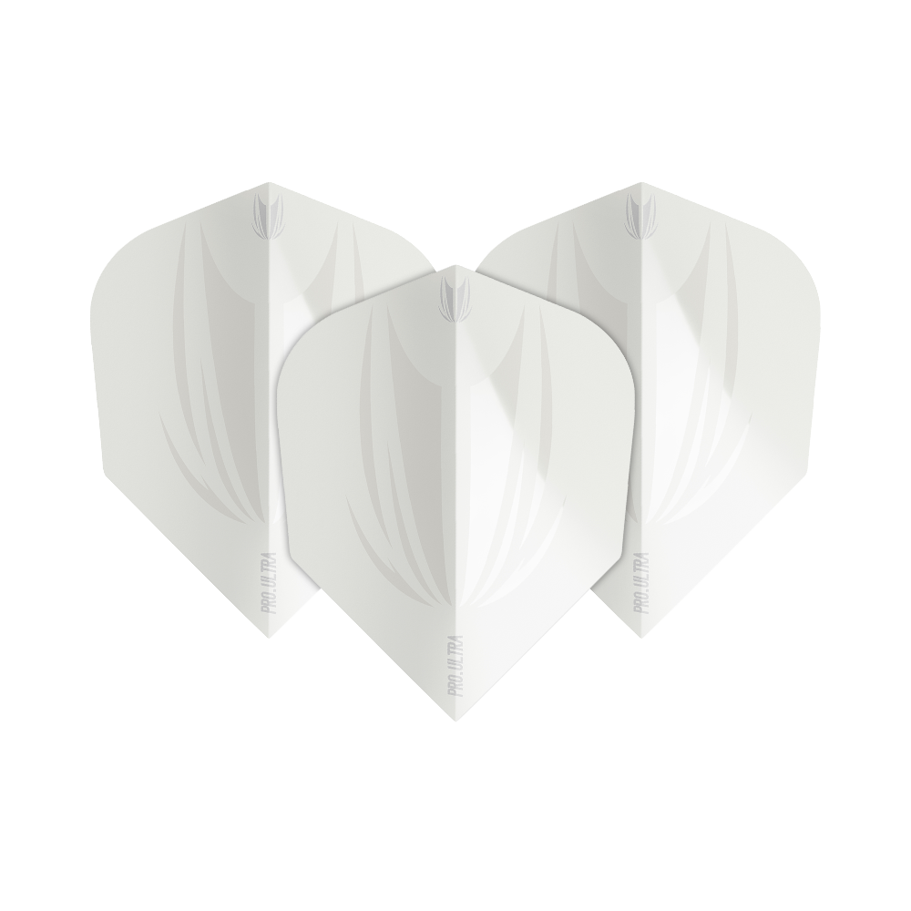 TG411_Target_ProUltra_ID_White_No6_Flights_17NCPfS5ESei2t Das Bild zeigt drei weiße Dartflights des Modells "Target ProUltra ID White No6". Die Flights haben ein dezentes, elegantes Design mit feinen Linien und dem Schriftzug "Pro Ultra".