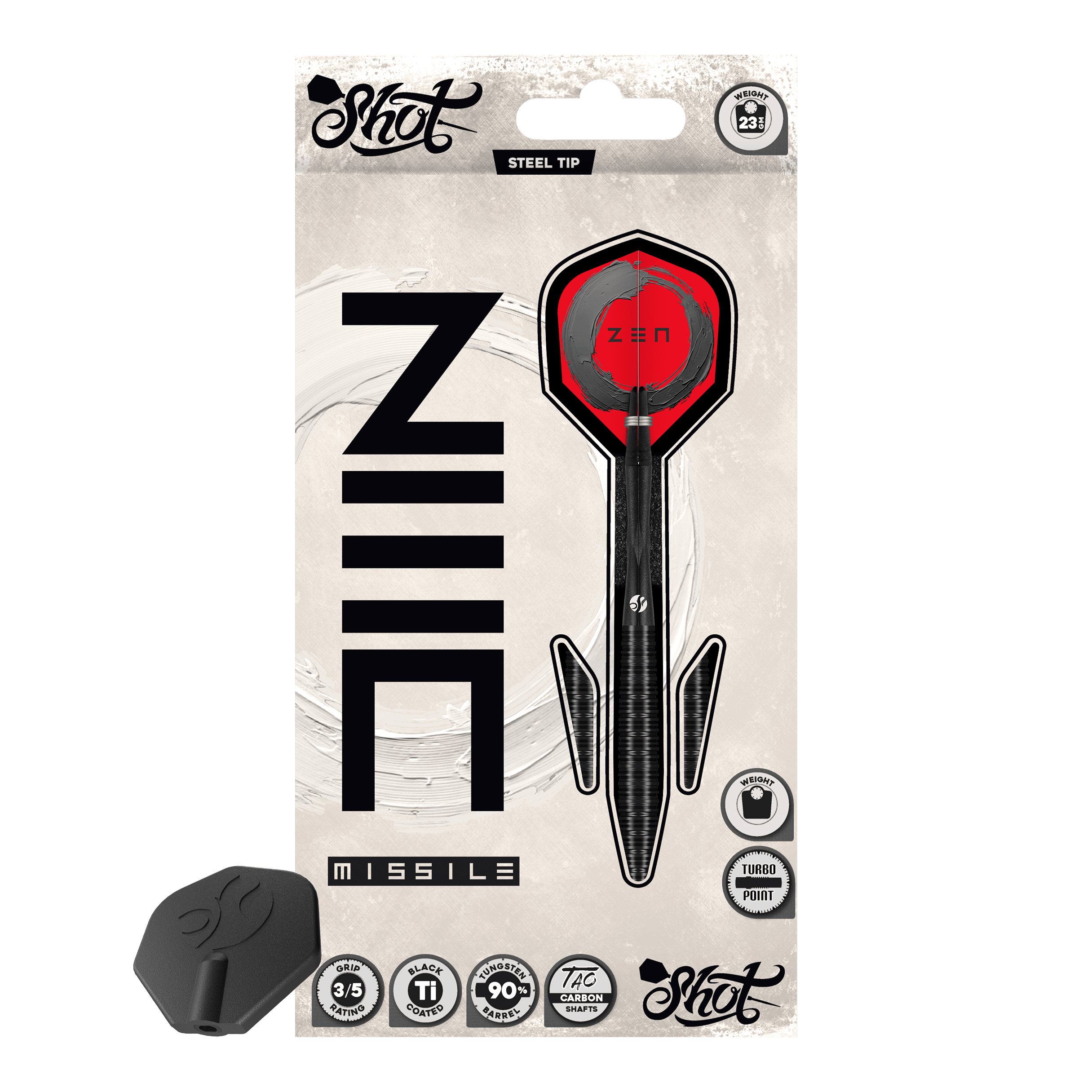 Shot ZEN Missile Turbo Point Steeldarts - 23g Das Bild präsentiert die Shot ZEN Missile Turbo Point Steeldarts - 23g. Diese sind besonders präzise und griffig gestaltet.
