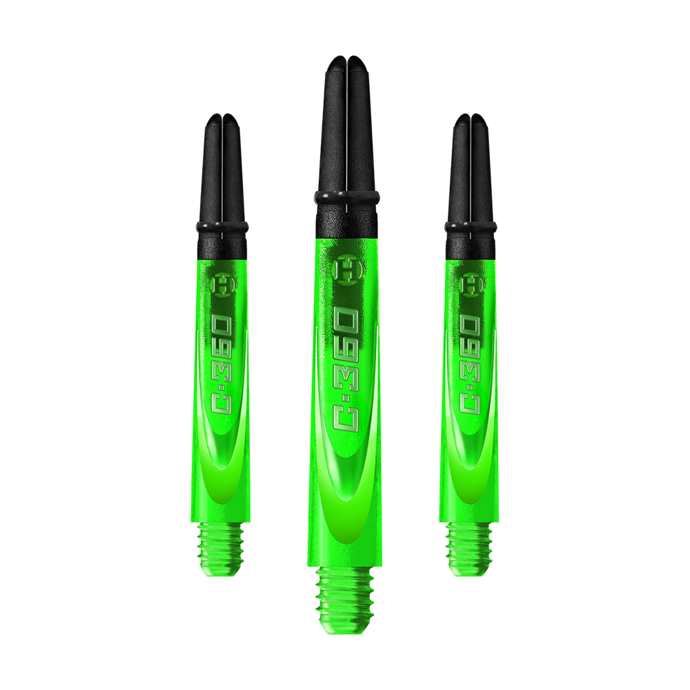 HR453_Harrows_Carbon_360_Shafts_Gr-n_42mm_1mMoZNLmG86rII Das Bild zeigt drei grüne Dartschäfte mit schwarzem Kopf. Auf den Schäften steht die Aufschrift "C:360".