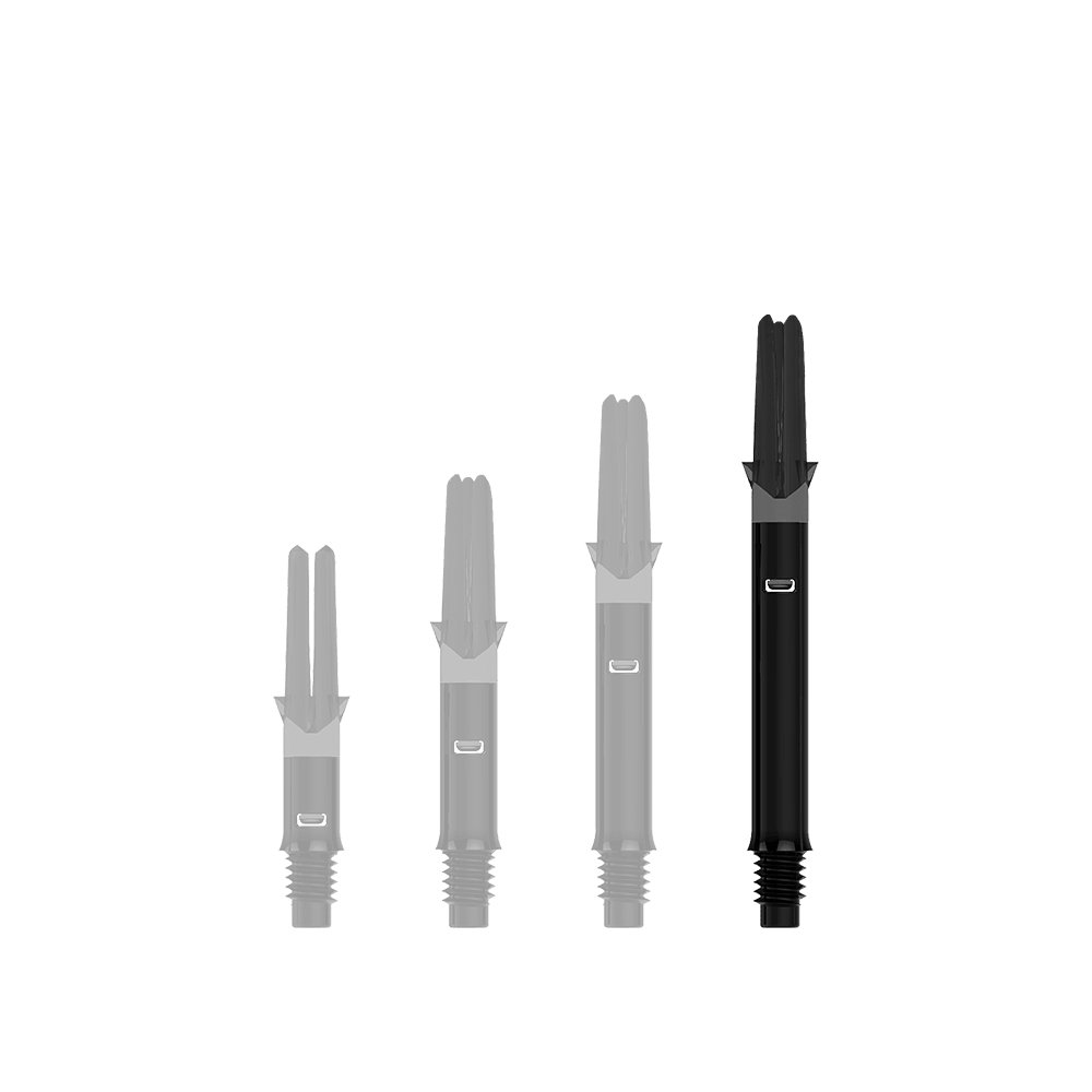 L-L-Style-Shafts Silent Straight - Black Auf dem Bild sind drei schwarze Dartschäfte in unterschiedlicher Länge zu sehen. Sie stehen nebeneinander aufrecht auf einem neutralen Hintergrund.