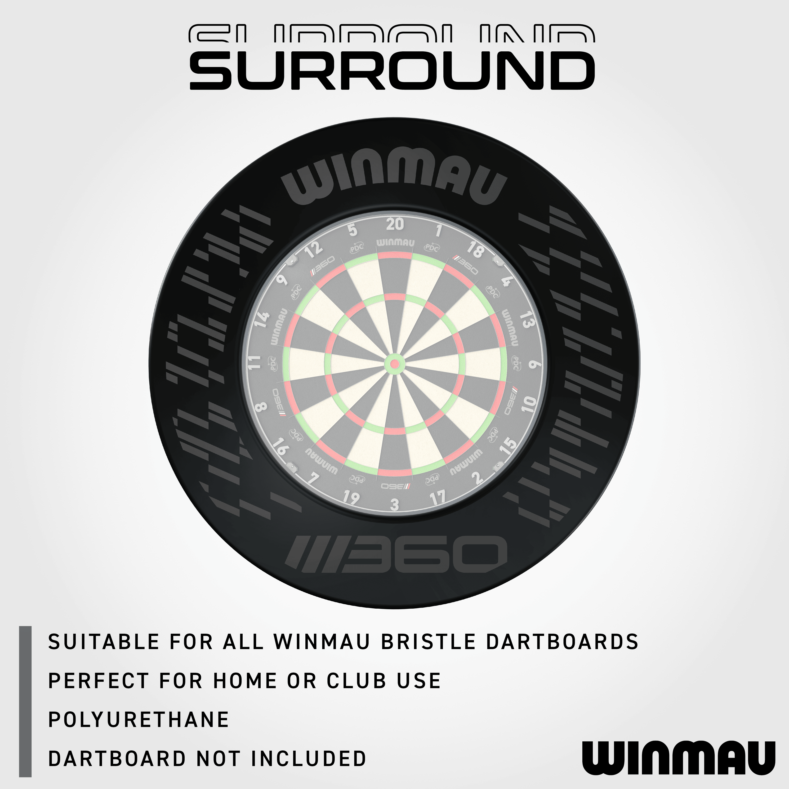 Das Bild zeigt das Winmau Blade 360 Dartboard Surround in Schwarz. Es ist eine praktische Ergänzung zum Schutz der Wände beim Dartspielen.