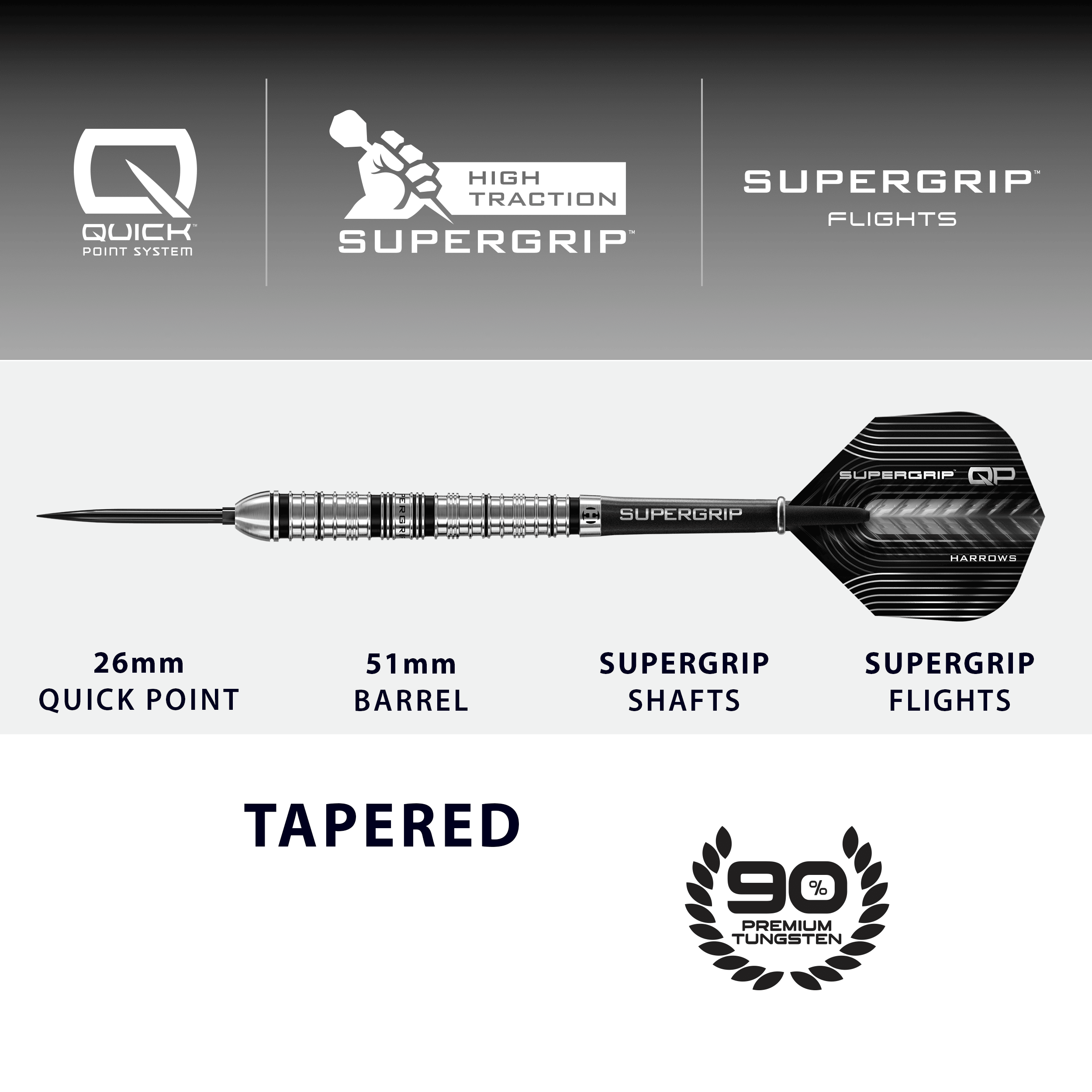 Abgebildet sind die Harrows Supergrip QP Tapered Quick Point Steeldarts. Sie eignen sich ideal für ein präzises Dartspiel.