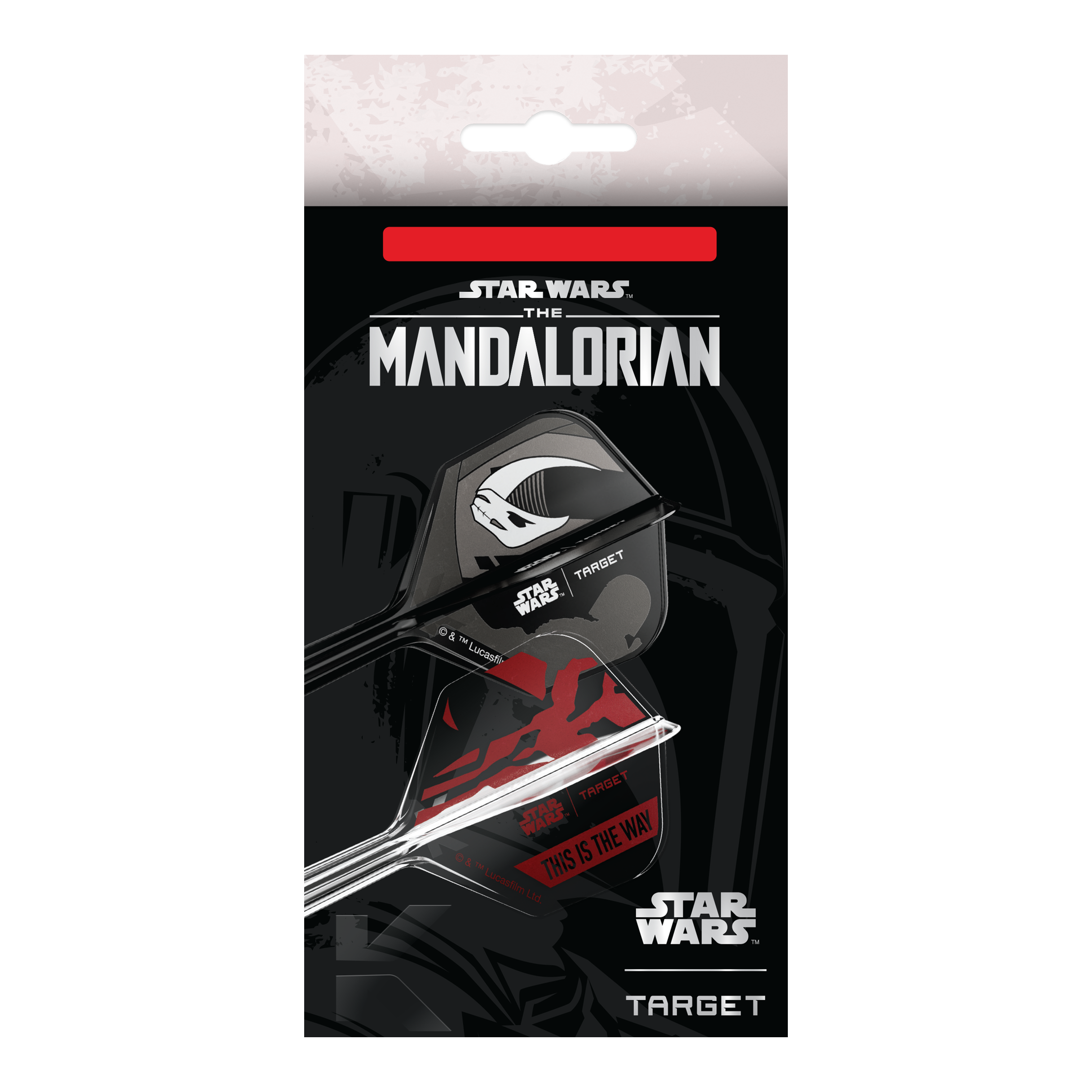 Target Star Wars K-Flex Set Mandalorian No6 Flights Das Bild zeigt das Target Star Wars K-Flex-Set Mandalorian No6 Flights. Das Produkt ist ein Dart-Set mit Mandalorian-Design aus der Star Wars Reihe.