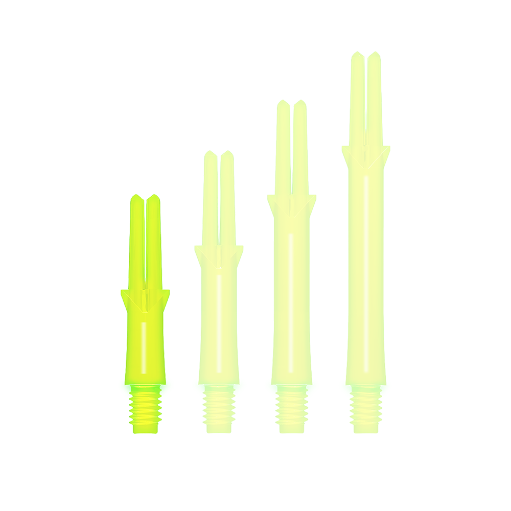 Auf dem Bild sind vier neon-gelbe Dart-Schäfte in verschiedenen Längen zu sehen. Sie haben ein gerades Design und ein Schraubgewinde am unteren Ende.
