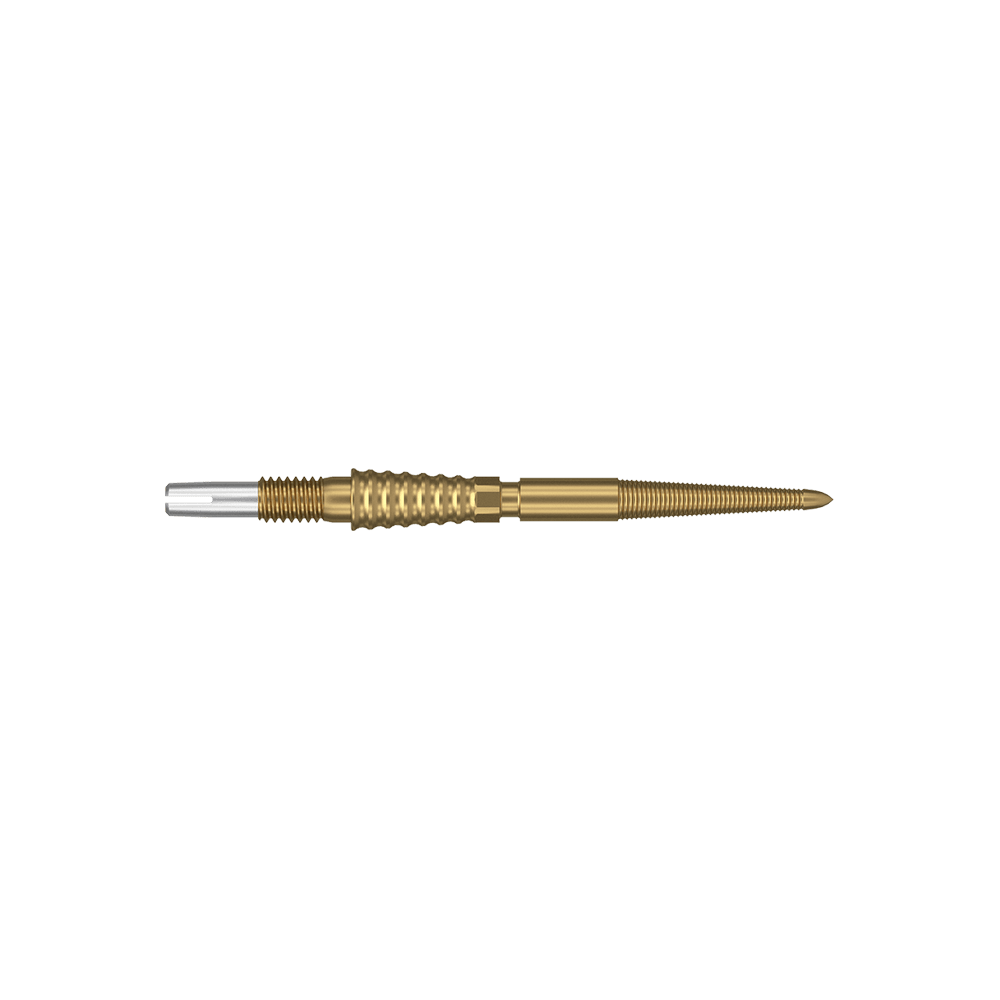 Target Swiss Storm LNC dart tips - gold Das Bild zeigt eine goldfarbene Dartspitze mit feinen Rillen und Gewinden. Sie ist lang und schlank, mit einem silbernen Anschluss am hinteren Ende.