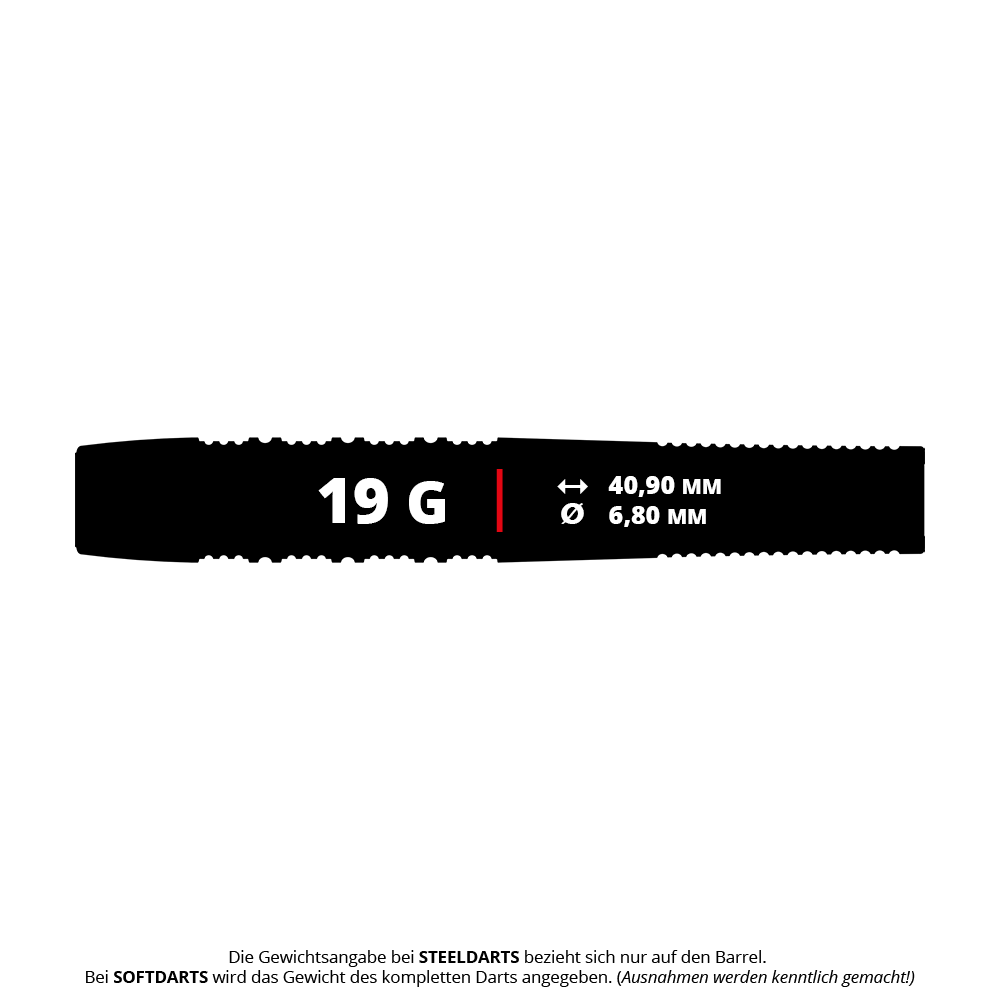 Das Bild zeigt die Produktdaten der Target Stephen Bunting 95K Softdarts mit einem Gewicht von 19 Gramm. Die Länge beträgt 40,90 mm und der Durchmesser 6,80 mm.