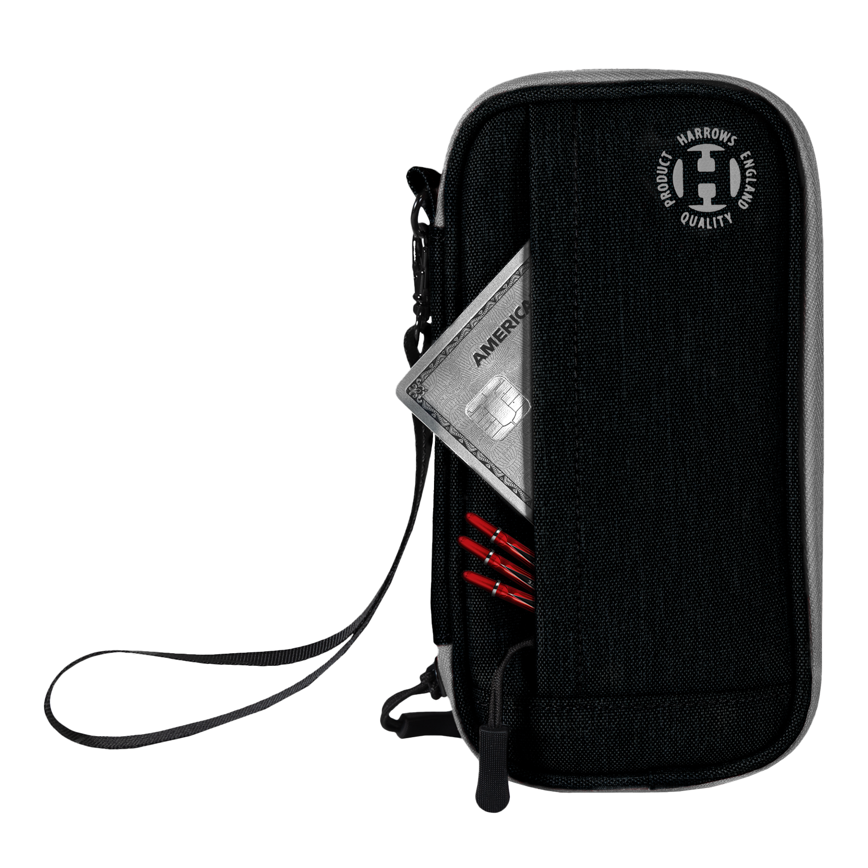 Harrows Smart Case Dartwallet Auf dem Bild ist ein schwarzes Dart-Etui der Marke Harrows zu sehen. In einer Außentasche stecken eine Kreditkarte und mehrere rote Dartspitzen.