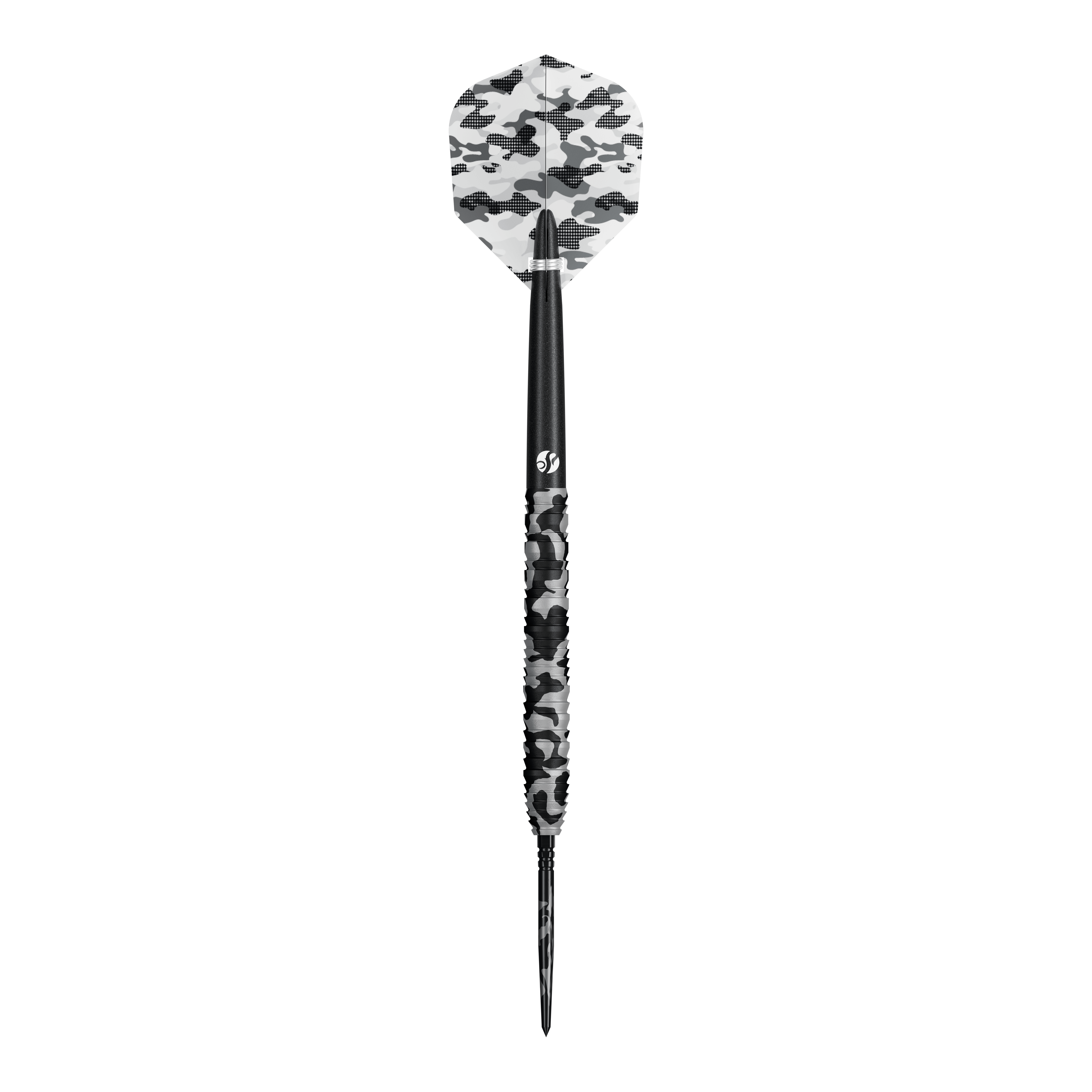 Ein Satz Steeldarts mit besonderem Muster ist zu erkennen. Die Darts sind aufgereiht dargestellt.