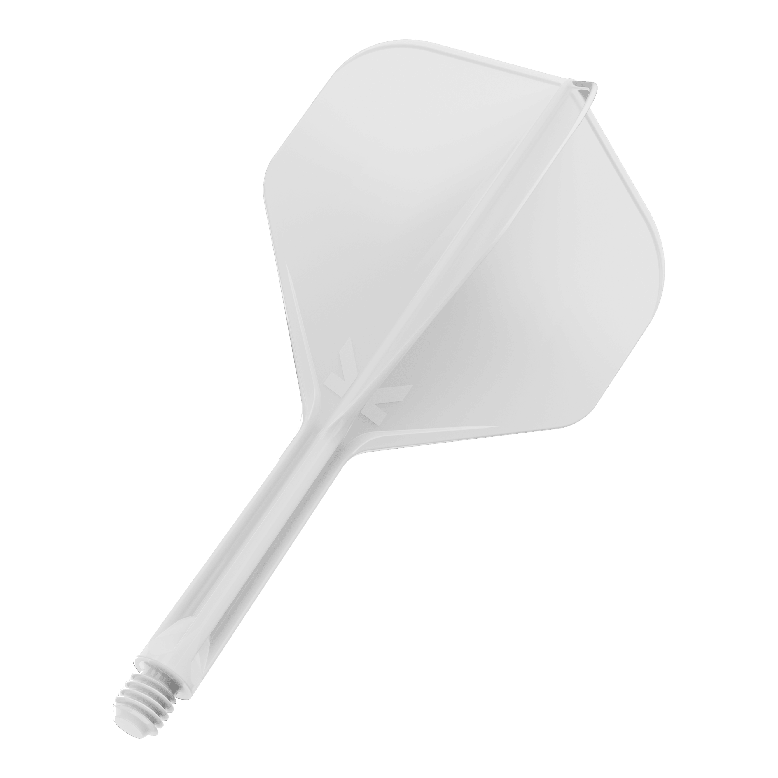 Target K-Flex No2 Standard Flight System - White Das Bild zeigt einen weißen Dartflight mit einem integrierten Schaft. Er hat eine standardmäßige, leicht eckige Form.