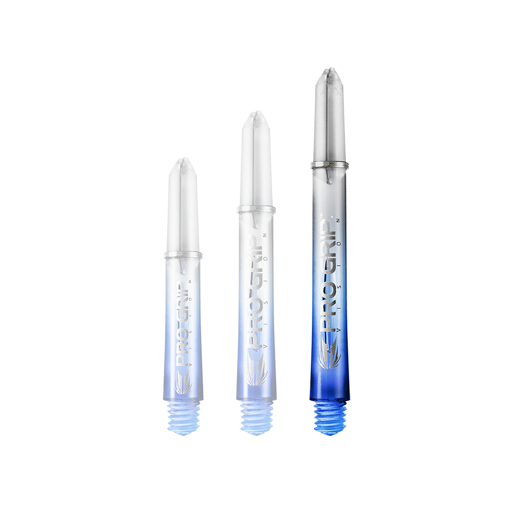 Target Pro Grip Vision Shafts - 3 Sets - Blue Das Bild zeigt drei unterschiedlich lange Dartshafts der Marke "Pro Grip" in Blau. Sie sind unten blau und werden nach oben hin durchsichtig.