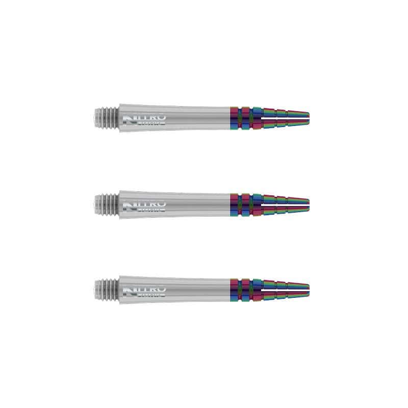 C600_Nitro_Ionic_Short_White_Shafts Das Bild zeigt drei weiße RedDragon Nitrotech Ionic Shafts für Dartpfeile. Sie haben am Ende eine bunte, metallische Verzierung.
