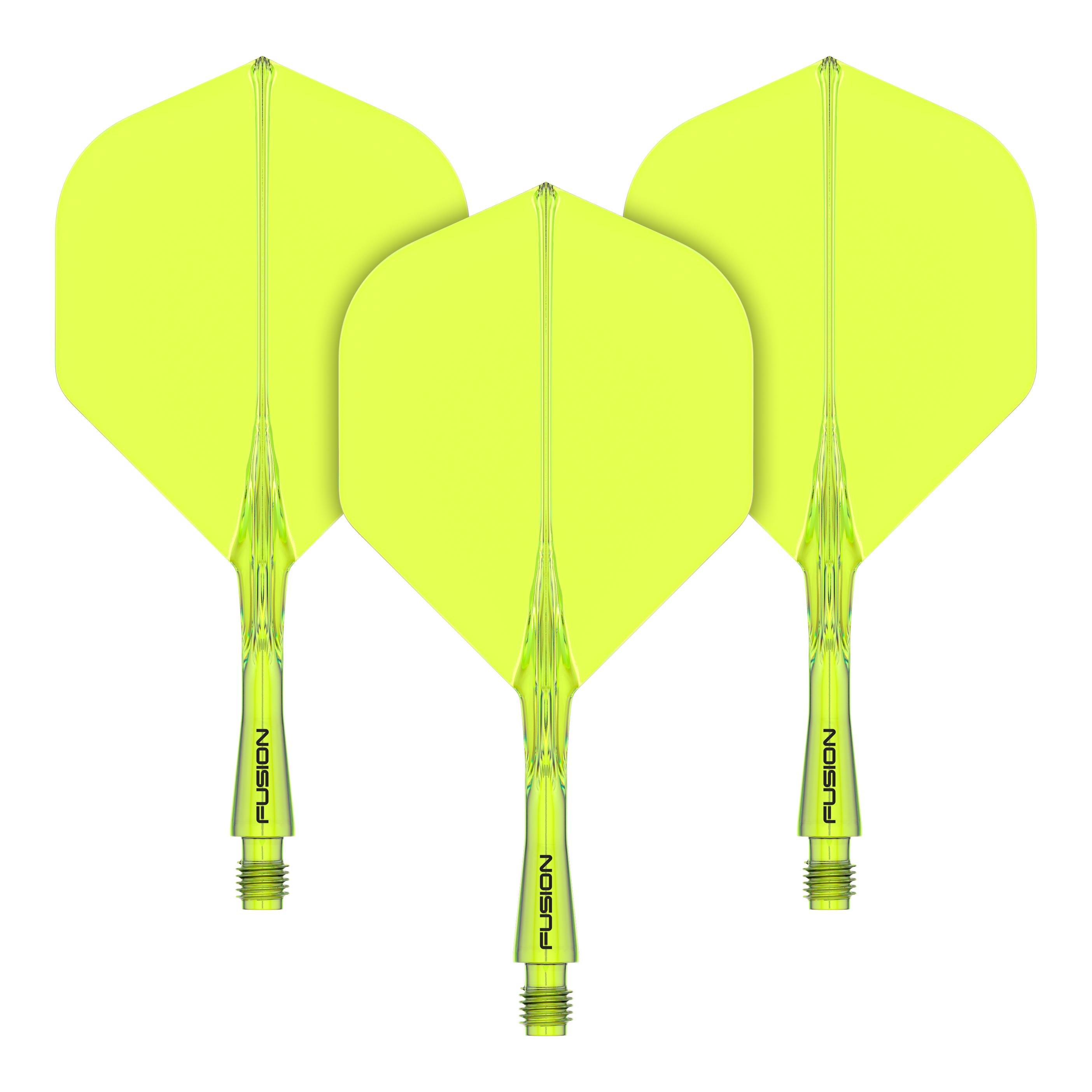 Winmau Fusion Flight Shaft System Standard Yellow Das Bild zeigt drei gelbe Dartflights mit Schaftsystem. Auf den Schäften steht das Wort "FUSION" geschrieben.
