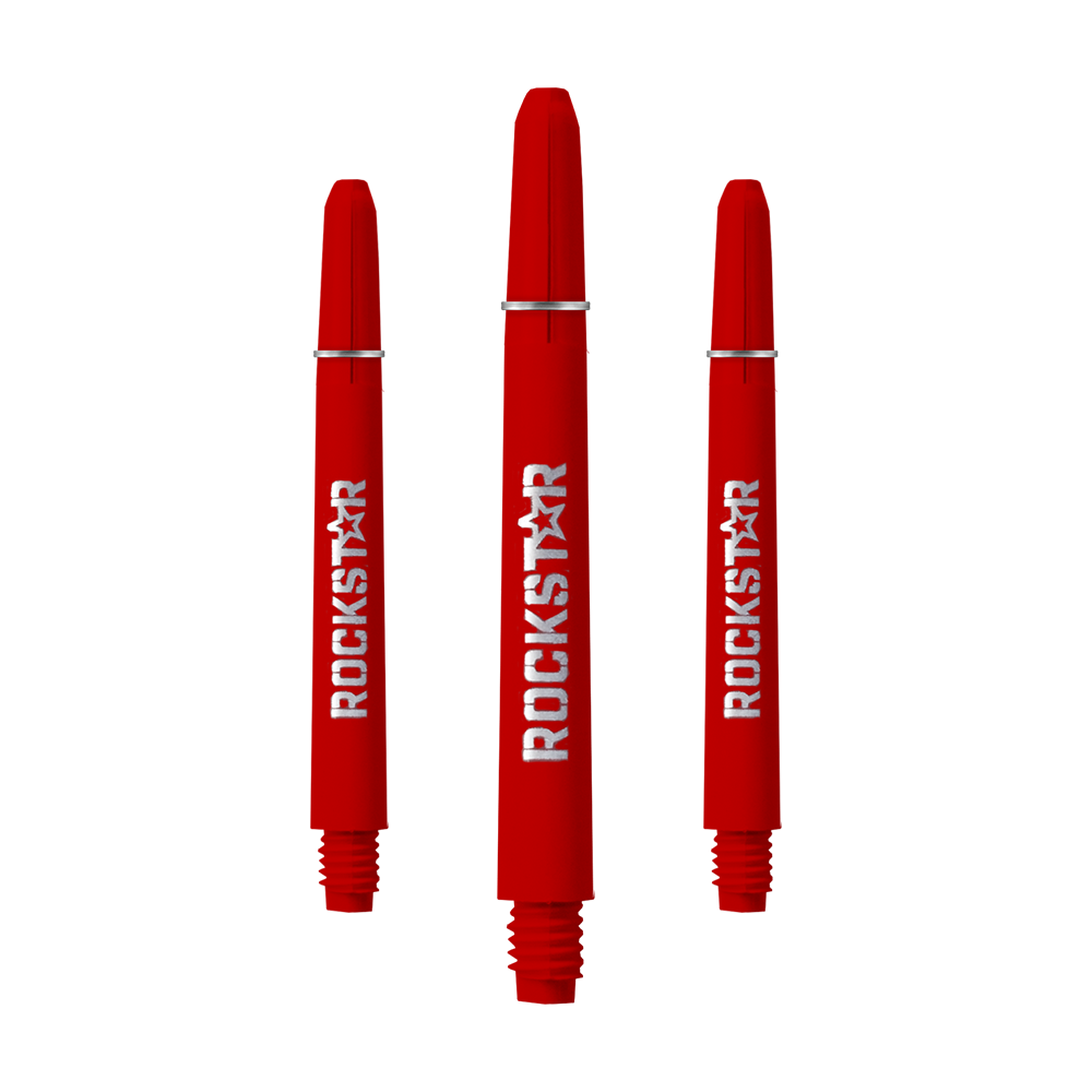 Auf dem Bild sind drei rote Rockstar Shafts mit 49 mm Länge zu sehen. Die Shafts haben einen weißen "ROCKSTAR"-Schriftzug und sind unten mit einem Gewinde versehen.