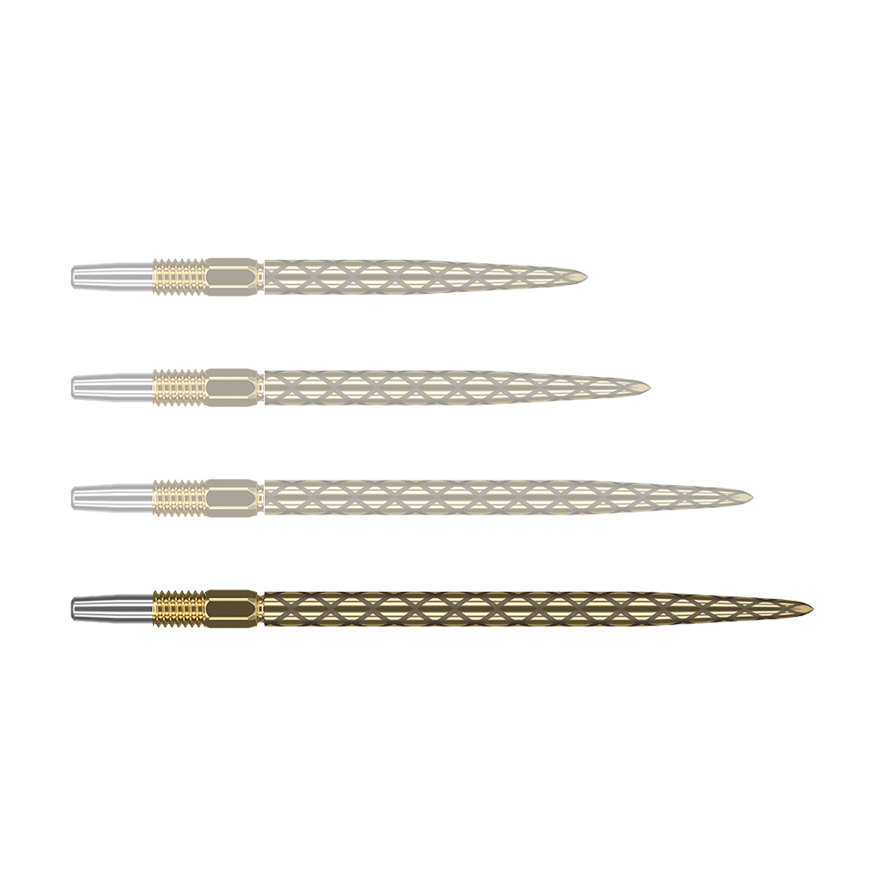 Target Swiss Diamond Pro Gold dart tips Ein einzelnes Bild zeigt eine goldfarbene Dartspitze mit schlanker Form. Die Spitze erscheint robust verarbeitet.