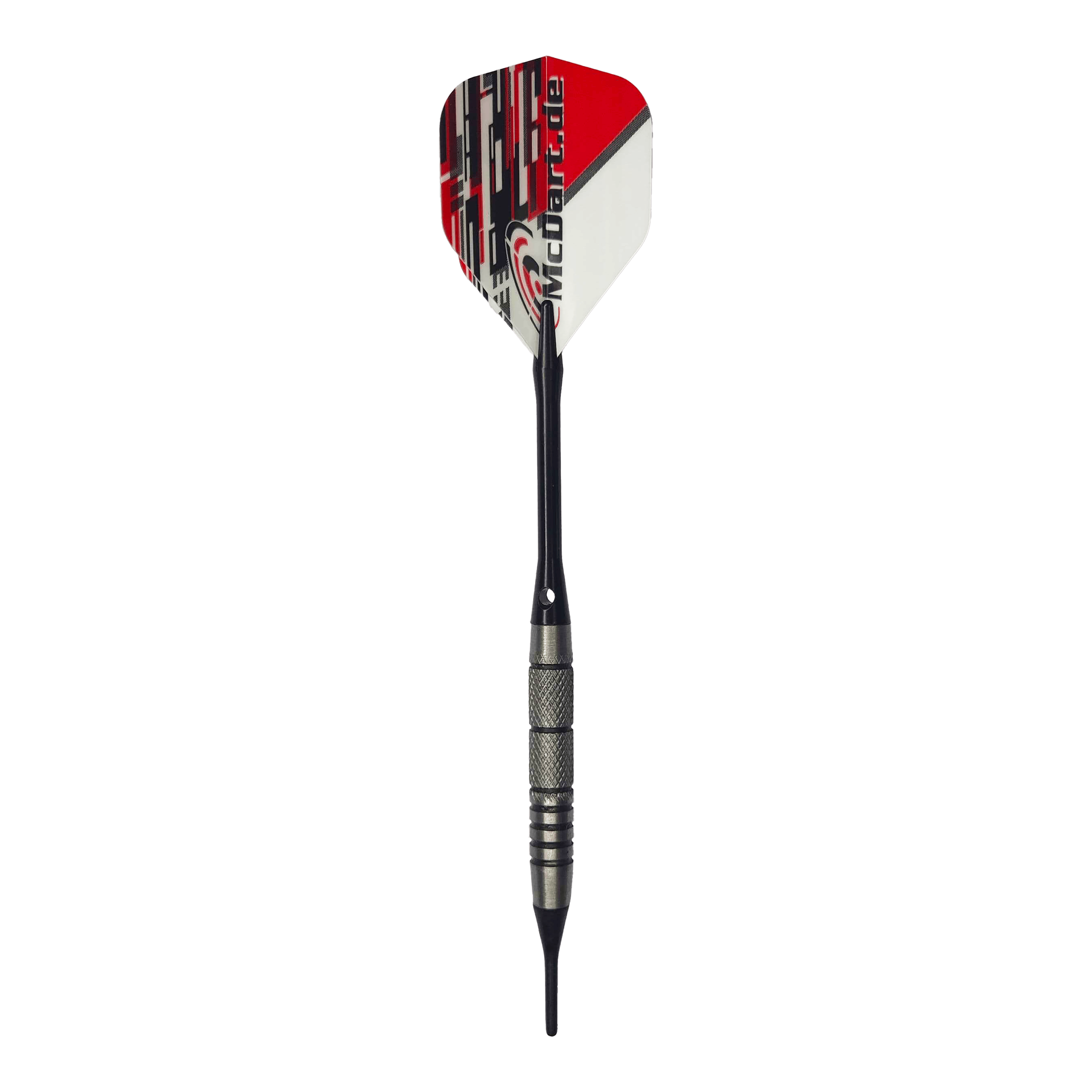 McDart 85 Tungsten V9 soft darts - 17.5g Das Bild zeigt einen McDart 85er Tungsten V9 Softdart mit einem Gewicht von 17,5g. Der Dart hat eine schwarz-silberne Spitze und Schaft sowie ein Flight in Rot, Weiß und Schwarz mit der Aufschrift "McDart.de".