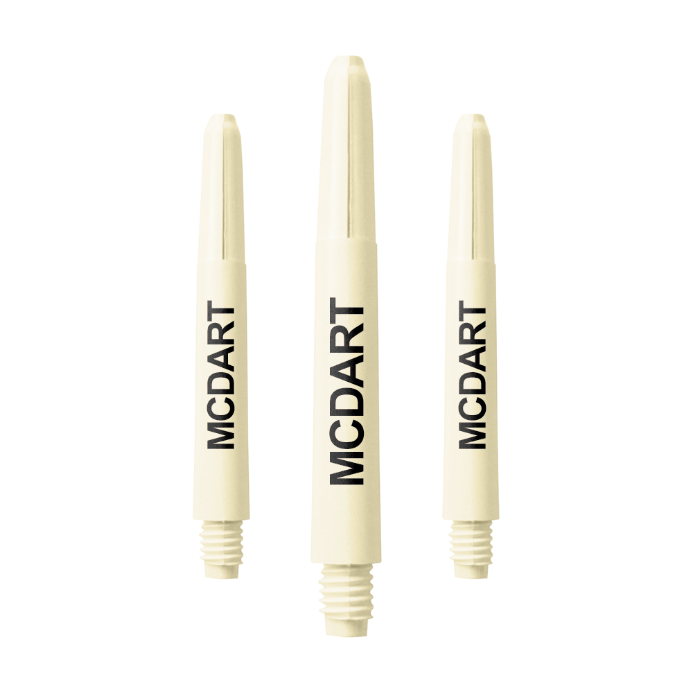MD-606_Nylon_Shafts_mit_Wunschdruck_Naturweiss_40mm_1 Auf dem Bild sind drei naturweiße Nylon-Dartschäfte mit Gewinde zu sehen. Auf jedem Schaft steht in schwarzer Schrift das Wort "MCDART".