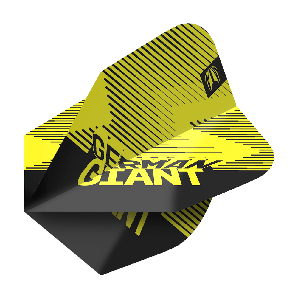 TG35_336200_Target_ProUltra_Gabriel_Clemens_Brass_No6_Yellow_Flights_2 Das Bild zeigt eine gelbe Darts-Flight mit schwarzen Streifen und der Aufschrift „GERMAN GIANT“. Es handelt sich um das Produkt „Target ProUltra Gabriel Clemens Brass No6 Yellow Flights“.