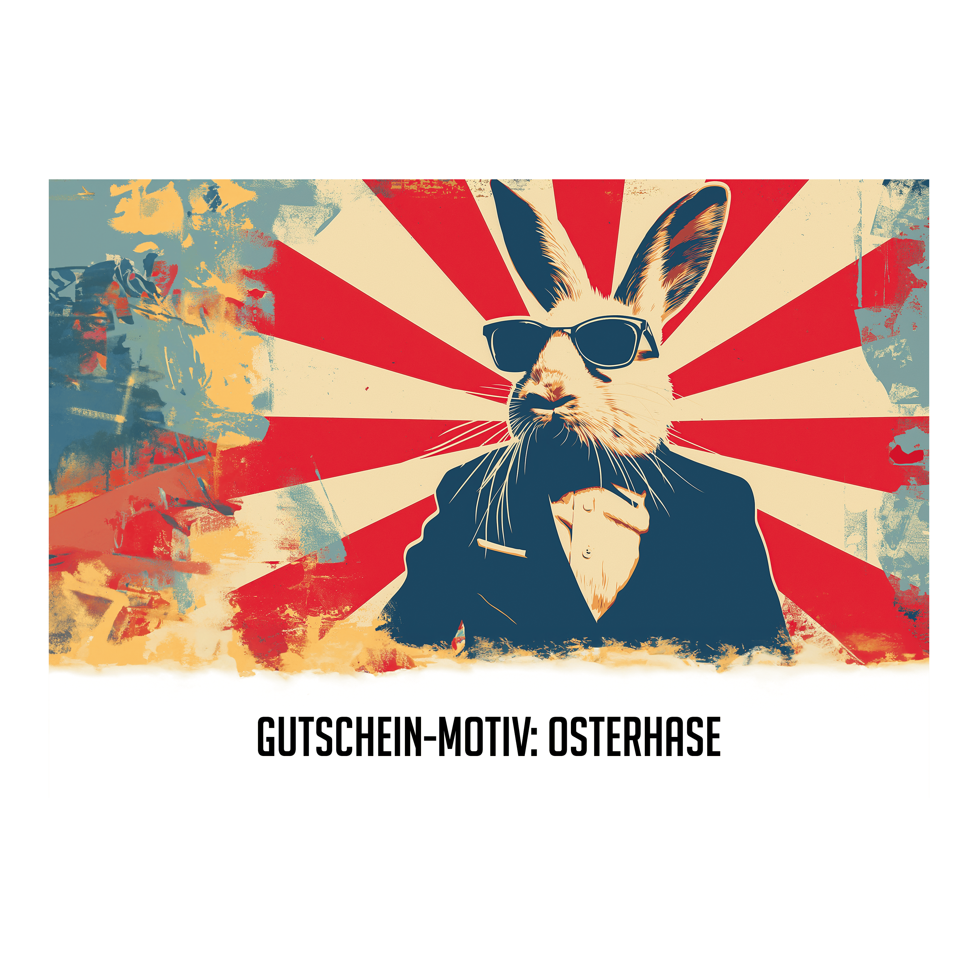 Easter voucher Das Bild zeigt einen stilisierten Osterhasen im Anzug und mit Sonnenbrille vor einem bunten Hintergrund. Unten steht der Text: "GUTSCHEIN-MOTIV: OSTERHASE".