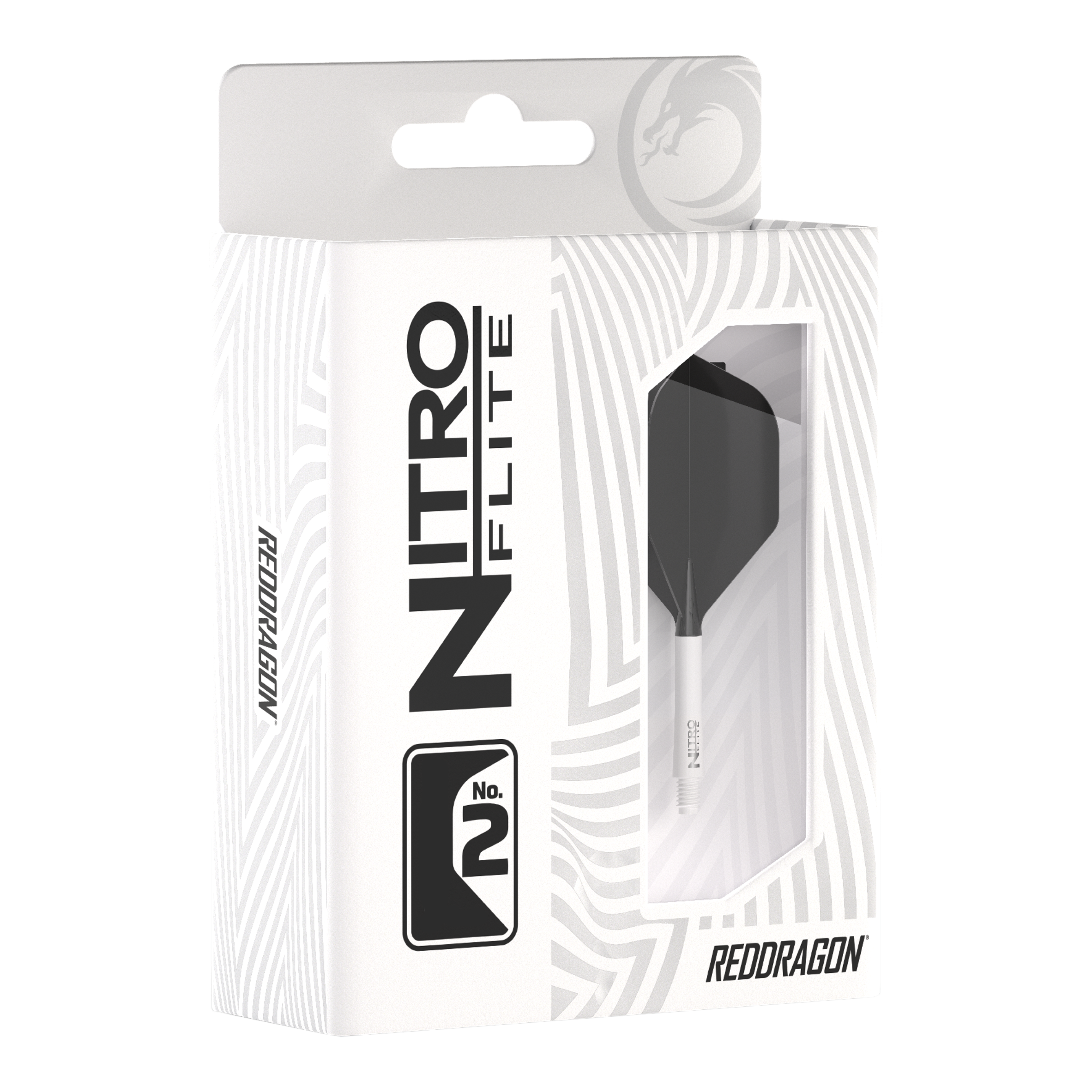 Die Abbildung zeigt die Produktverpackung des "Red Dragon Nitroflite" mit weißen Schäften und schwarzen No2 Flights. Die Packung ist überwiegend weiß gestaltet und hat ein Sichtfenster, durch das das Dart-Zubehör zu sehen ist.