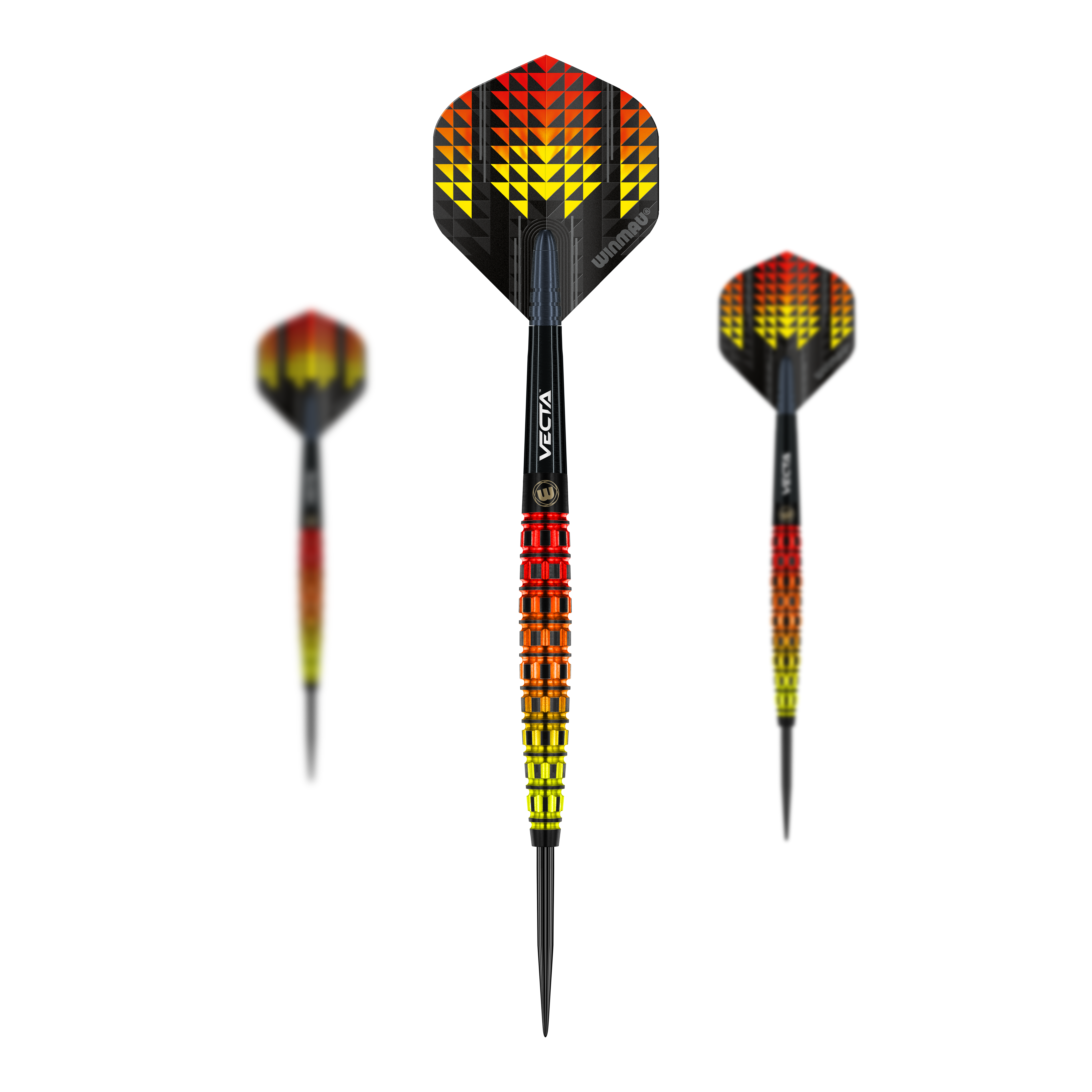 Winmau Firestorm Flame Tapered Steeldarts Die Abbildung zeigt die Winmau Firestorm Flame Tapered Steeldarts. Die Darts haben ein auffälliges Design in den Farben Gelb, Rot und Schwarz mit einem modernen, geometrischen Muster.
