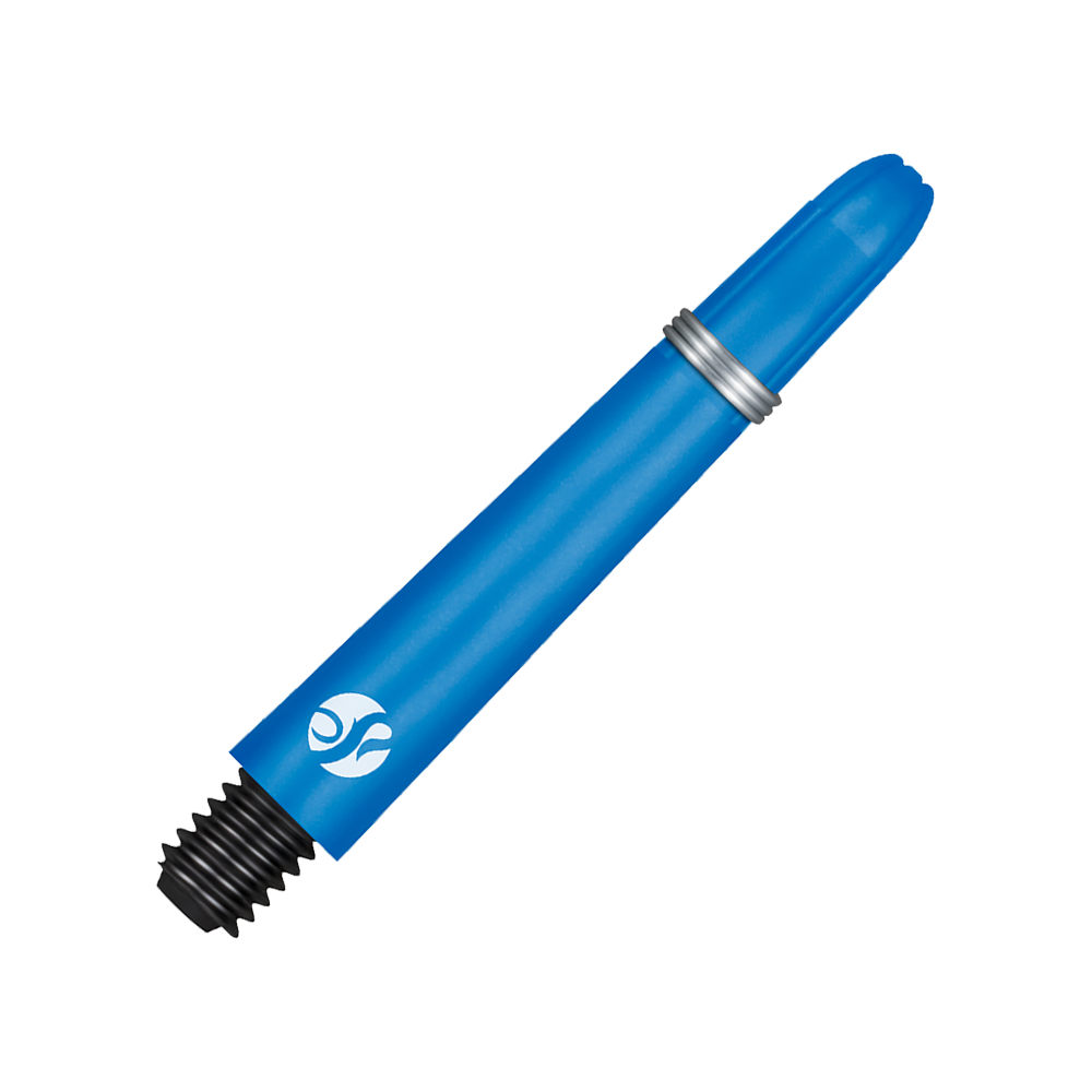 Shot Koi Carbon Shafts - Blue Das Bild zeigt einen blauen Carbon-Schaft mit einem silbernen Ring und schwarzem Gewinde. Es handelt sich um ein Zubehörteil für Darts.