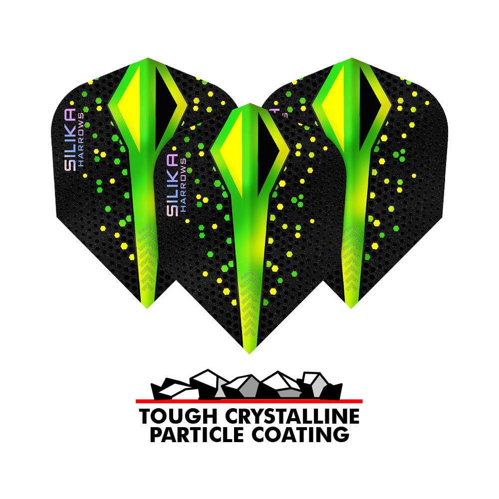 Harrows Silika Colorshift Tough Crystalline Coating Green No6 Flights Auf dem Bild ist ein Set der Harrows Silika Colourshift Tough Crystalline Coating No6 Flights. Die Flights haben ein auffälliges Design.