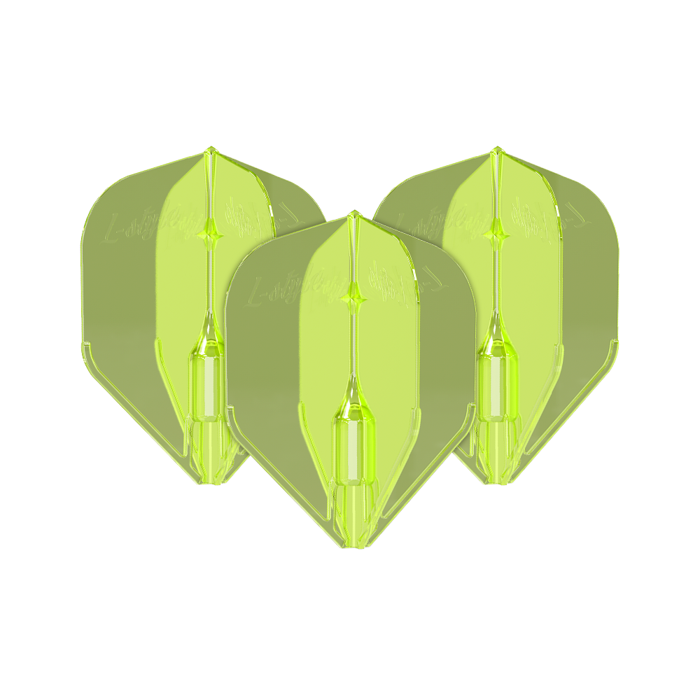 L-Style Fantom L3EZ Flights Neon Yellow Das Bild zeigt drei neongelbe L-Style Fantom L3EZ Flights für Dartpfeile. Sie sind aus Kunststoff und haben eine glänzende, transparente Oberfläche.