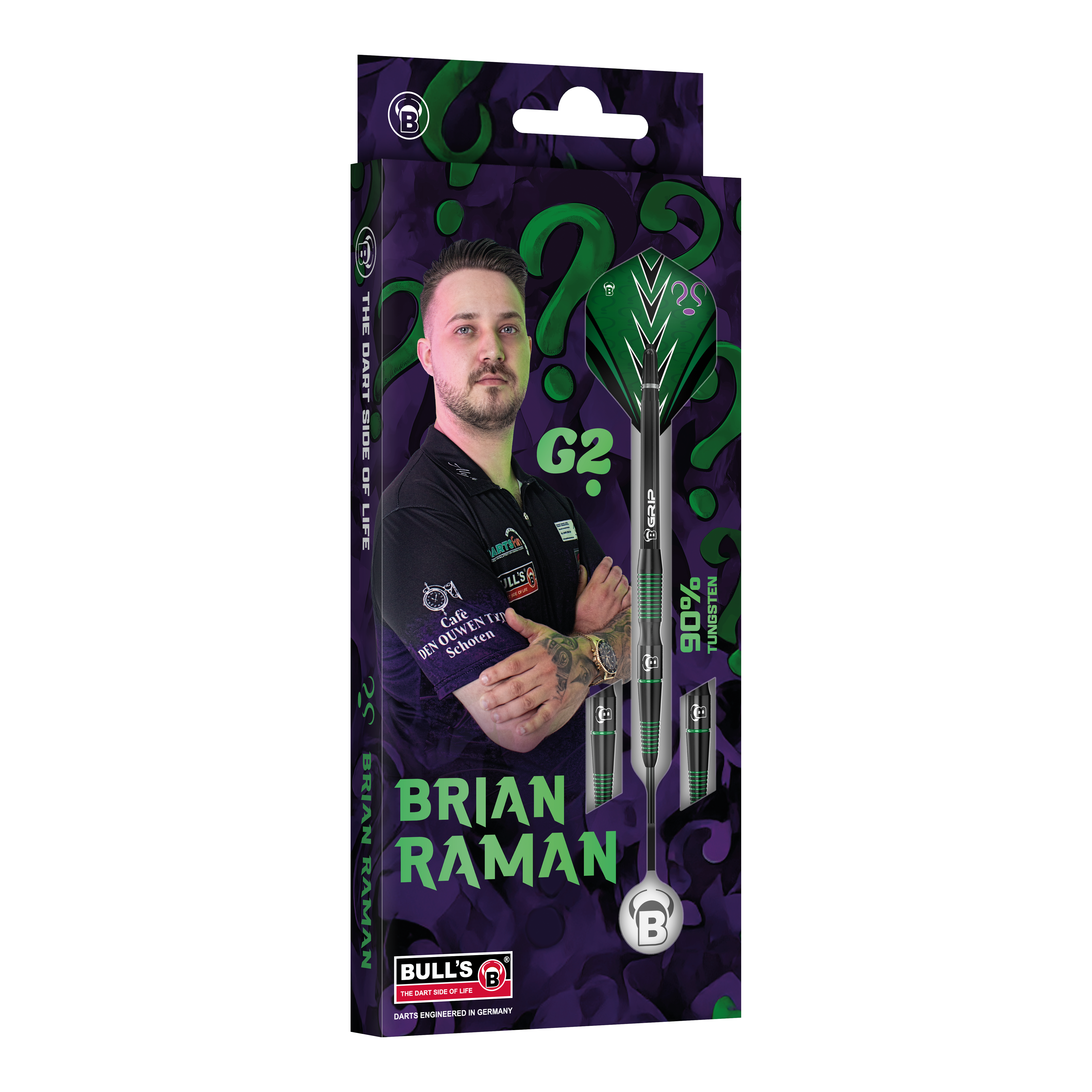 Das Bild stellt die Bulls Brian Raman G2 Steeldarts dar. Dieses hochwertige Dartprodukt ist beliebt bei Spielern.