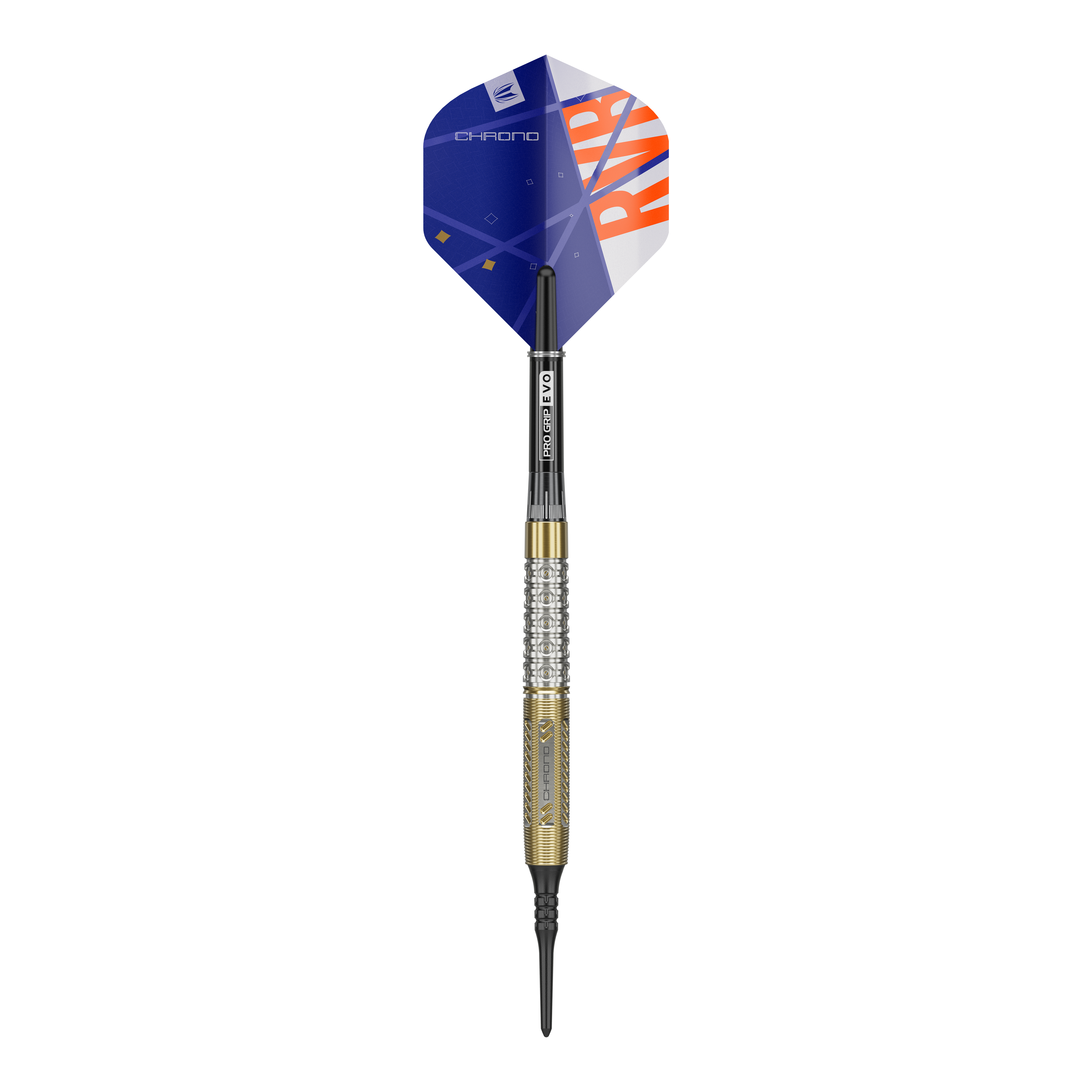 Target Raymond Van Barneveld Chrono 95 soft darts Der Target Raymond Van Barneveld Chrono 95 Softdart ist auf dem Bild zu sehen. Der Dart hat eine goldene und silberne Griffzone sowie blaue Flights mit orangenem Aufdruck.