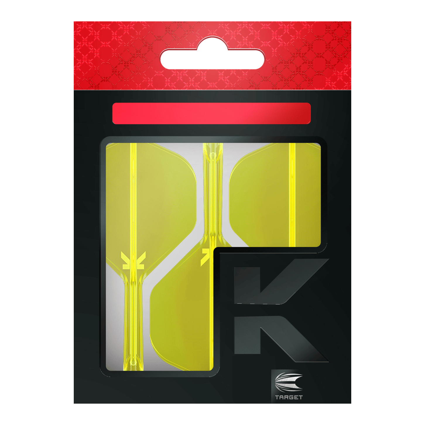 Target K-Flex No2 Standard Flight System - Neon Yellow Das Bild zeigt eine Packung mit neon-gelben Dart-Flights der Marke Target. Die Verpackung ist überwiegend schwarz mit einem auffälligen roten Bereich am oberen Rand.