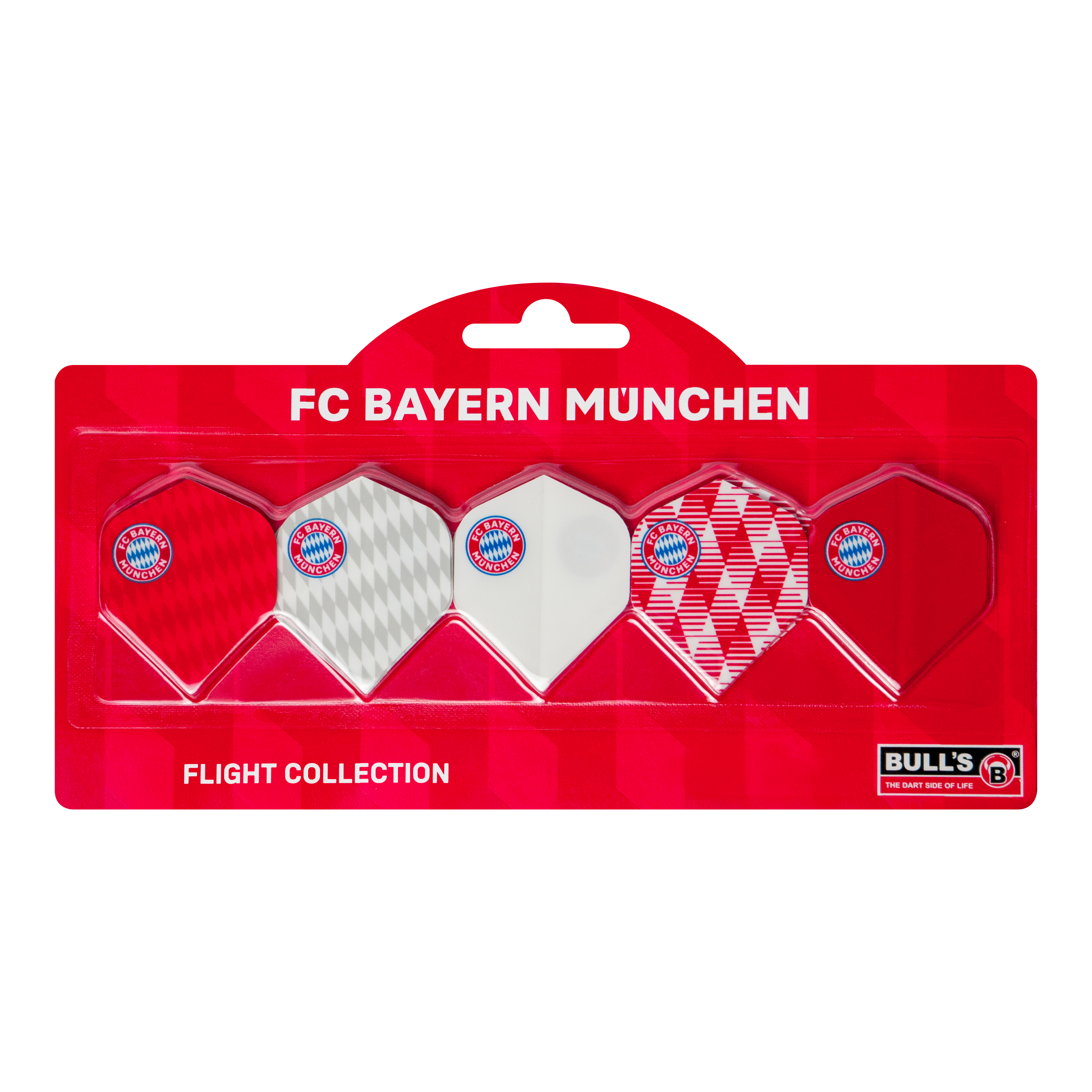 Abgebildet ist die Bulls FC Bayern München Flight Collection - 5 Satz. Die Flights sind speziell für Darts im FC Bayern München-Design.