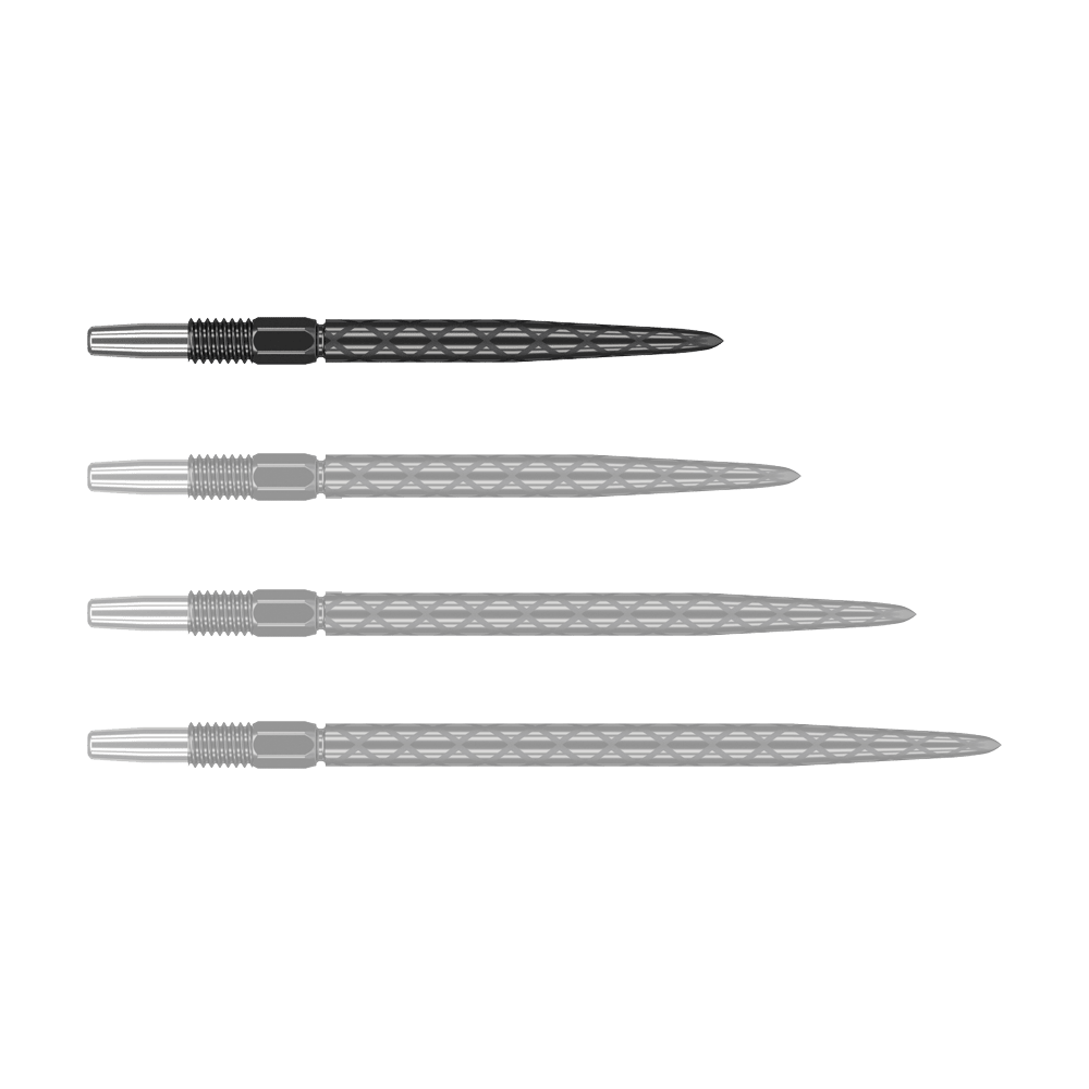 Target Swiss Diamond Pro Black Points dart tips Auf dem Bild sind vier schwarze Dartspitzen mit silbernem Gewinde zu sehen. Die Spitzen haben ein rautenförmiges Muster auf der Oberfläche.