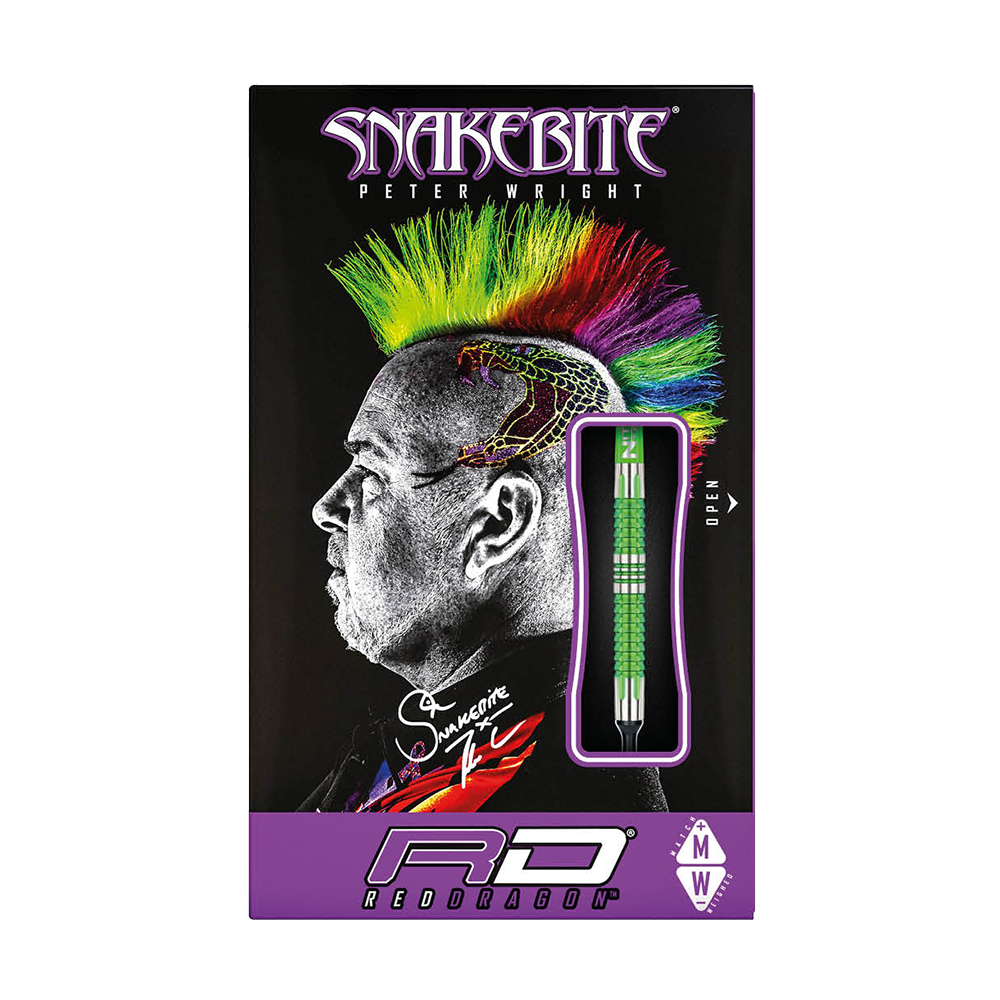 Die Verpackung zeigt die „Red Dragon Peter Wright Snakebite Mamba 2 Softdarts“. Auf dem Cover ist ein Mann mit buntem Irokesenschnitt und einer gezeichneten Schlange zu sehen.