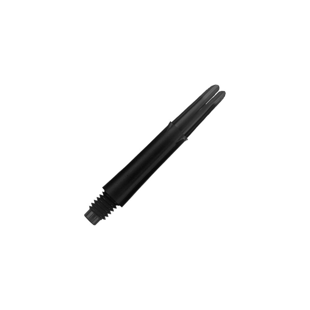 Das Bild zeigt einen schwarzen, geraden Dart-Schaft. Der Schaft hat ein Gewinde am unteren Ende und ist 32 mm lang.