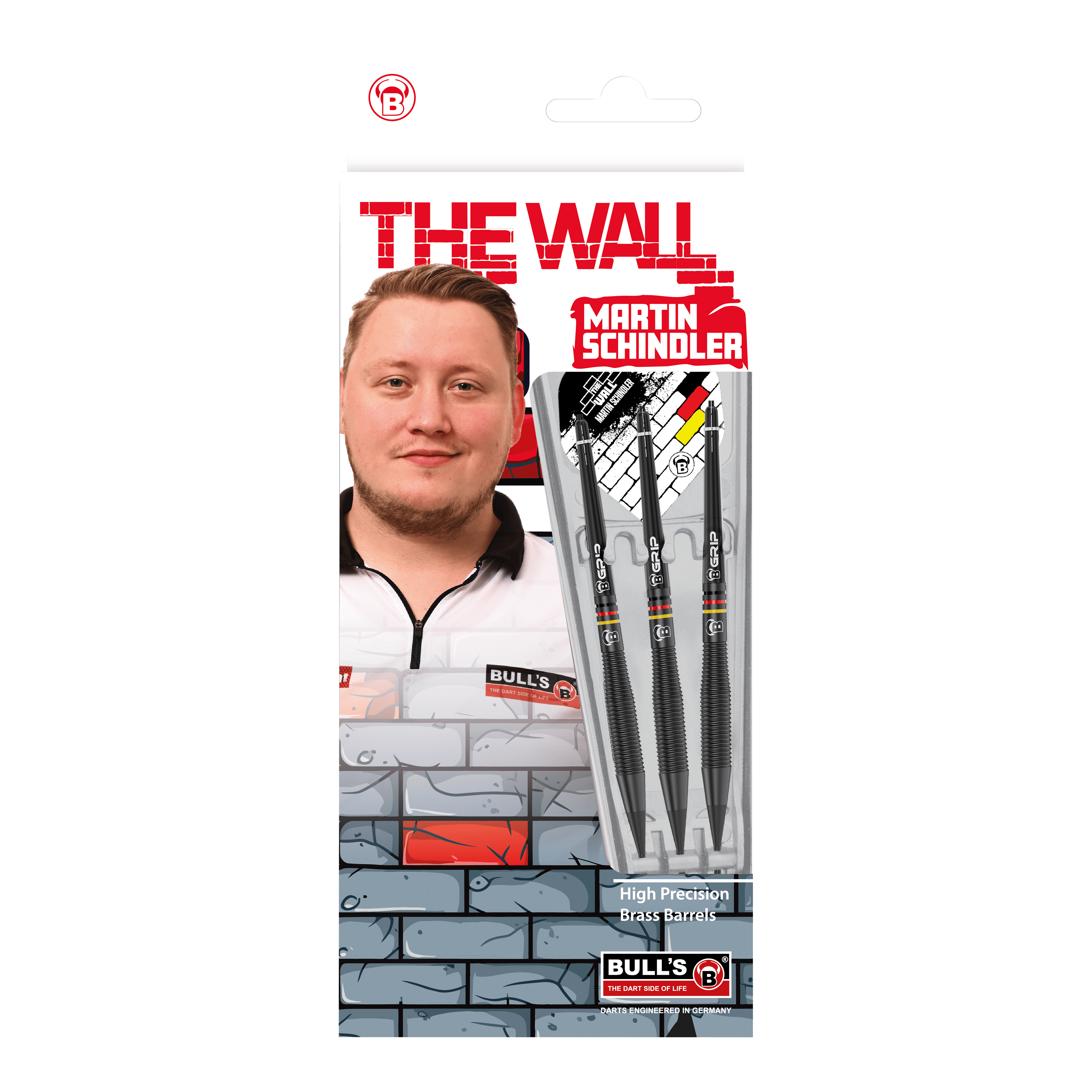 Bulls Martin Schindler The Wall Black Brass Softdarts - 18g Das Bild zeigt die Verpackung der "Bulls Martin Schindler The Wall Black Brass Softdarts - 18g". Auf der Verpackung ist ein Foto von Martin Schindler sowie drei schwarze Softdarts zu sehen.