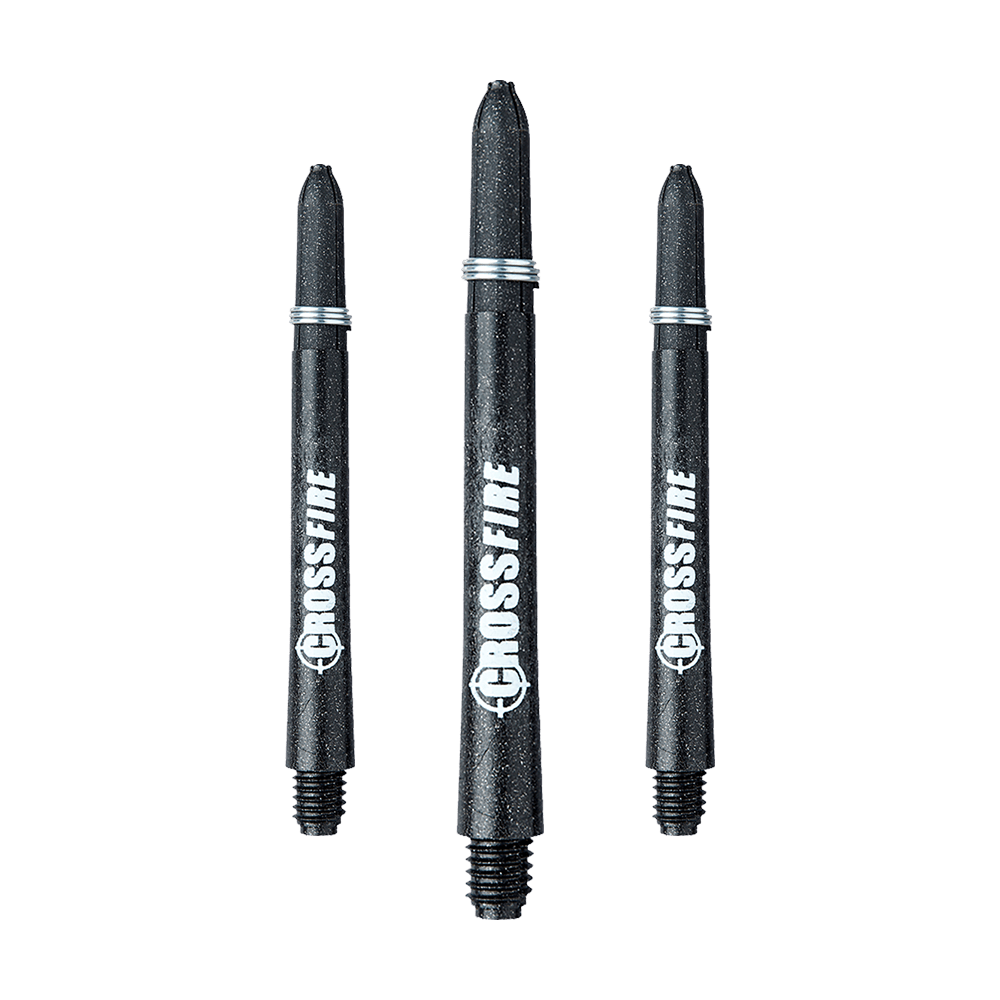 Das Bild zeigt drei RedDragon Crossfire Carbon Fibre Shafts für Darts. Sie sind schwarz und haben das Wort "CROSSFIRE" weiß aufgedruckt.