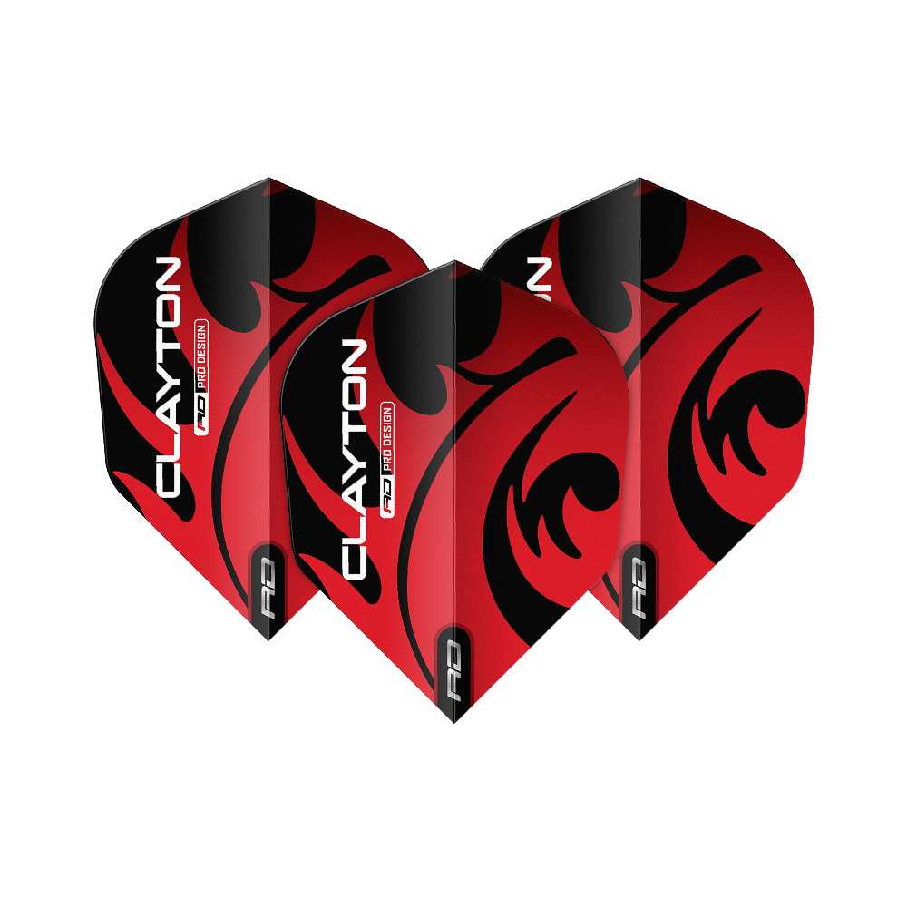 Red Dragon Jonny Clayton Red Black No6 Flights Auf dem Bild sind drei Dartflights des Produkts "Red Dragon Jonny Clayton Red Black No6 Flights" zu sehen. Die Flights sind rot-schwarz gestaltet und tragen den Aufdruck "CLAYTON".