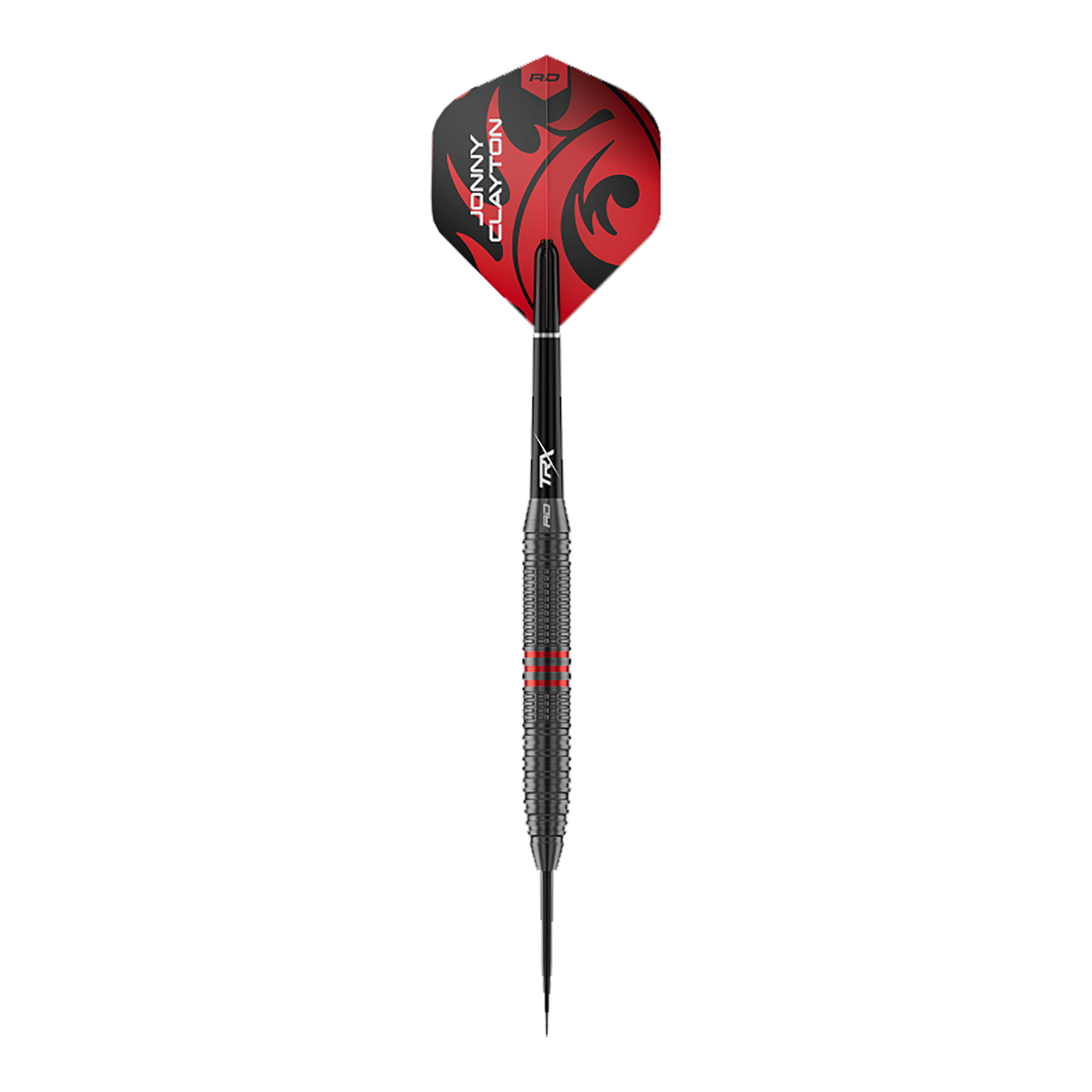 Abgebildet ist ein einzelner Red Dragon Jonny Clayton Core Brass Steeldart mit 21g Gewicht. Der Dart zeigt goldene Akzente und ein markantes Griffdesign.