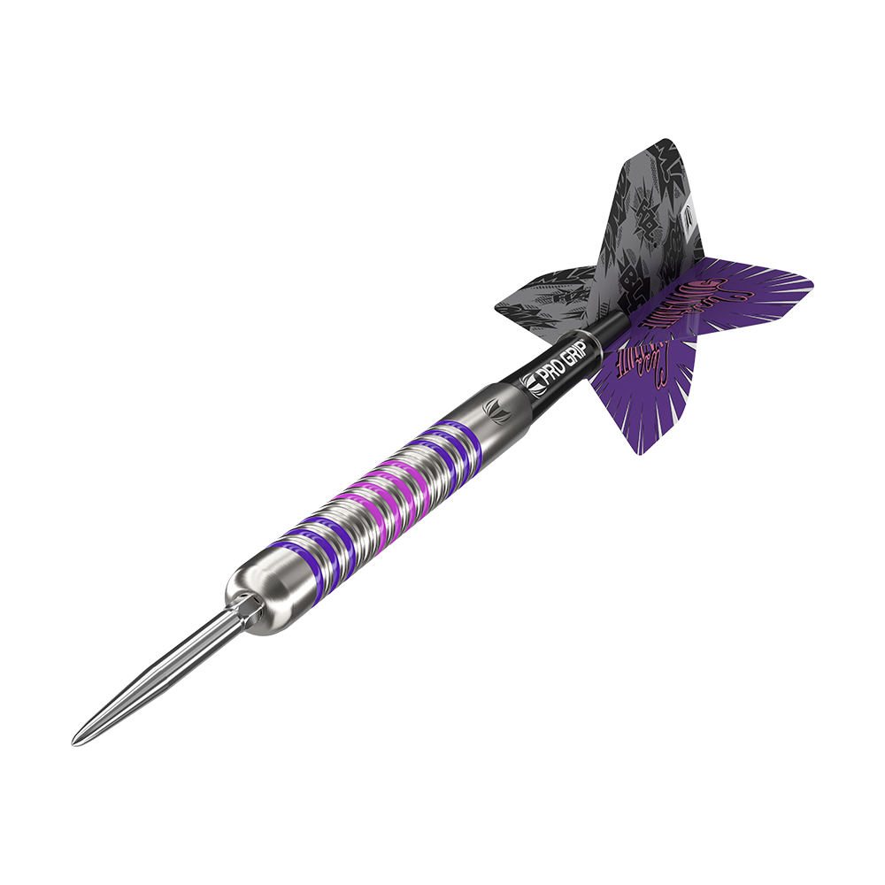 Dies ist ein Target Eleanor Cairns GEN1 Swiss Point Steeldart mit 24g Gewicht. Der Dartpfeil hat ein silbernes Barrel mit lila und pinken Akzenten sowie schwarze und lila Flights.