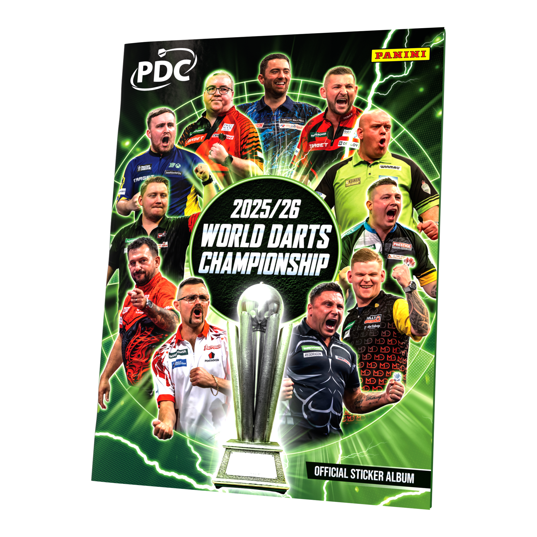 Das Bild zeigt das Panini PDC World Darts Championship 2025/26 - Softcover Starter Bundle mit 10 Sticker Packs. Es enthält Stickerpacks und ein Softcover-Heft für Sammler.