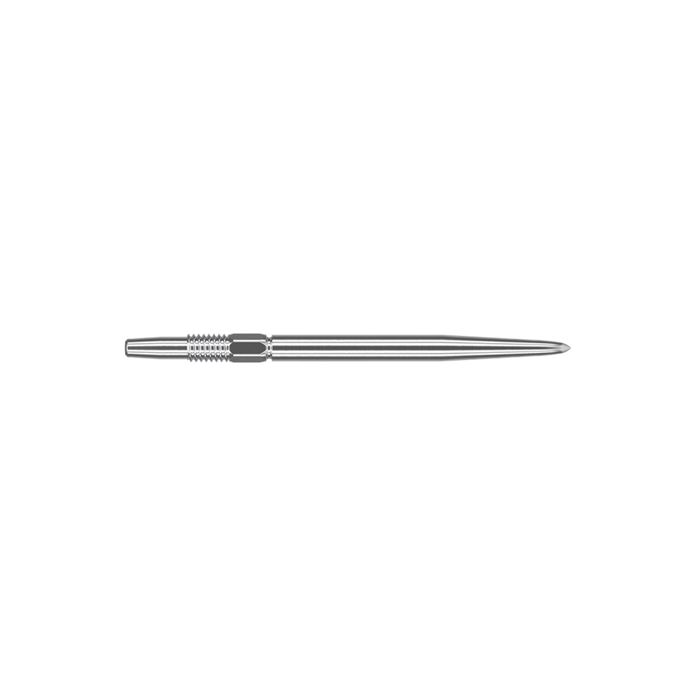 Target Swiss Point Silver dart tips Das Bild zeigt eine silberne Dartspitze mit einer Länge von 30 mm. Die Spitze ist schmal und hat feine Rillen im hinteren Bereich für besseren Halt.