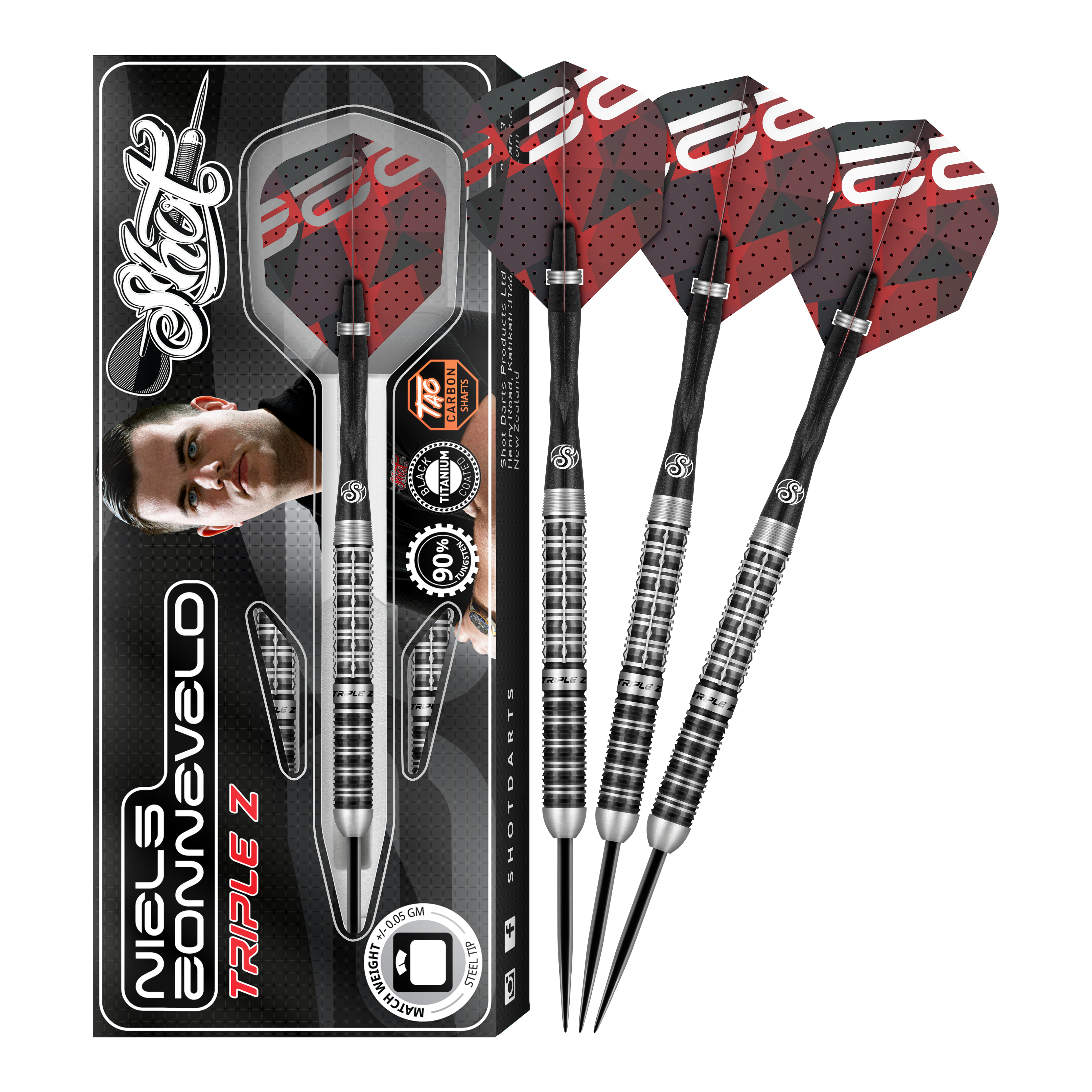 Das Bild zeigt das Produkt "Shot Niels Zonneveld V2 Steeldarts" samt Verpackung und vier Steeldarts. Die Darts haben ein silber-schwarzes Design mit roten Flights.