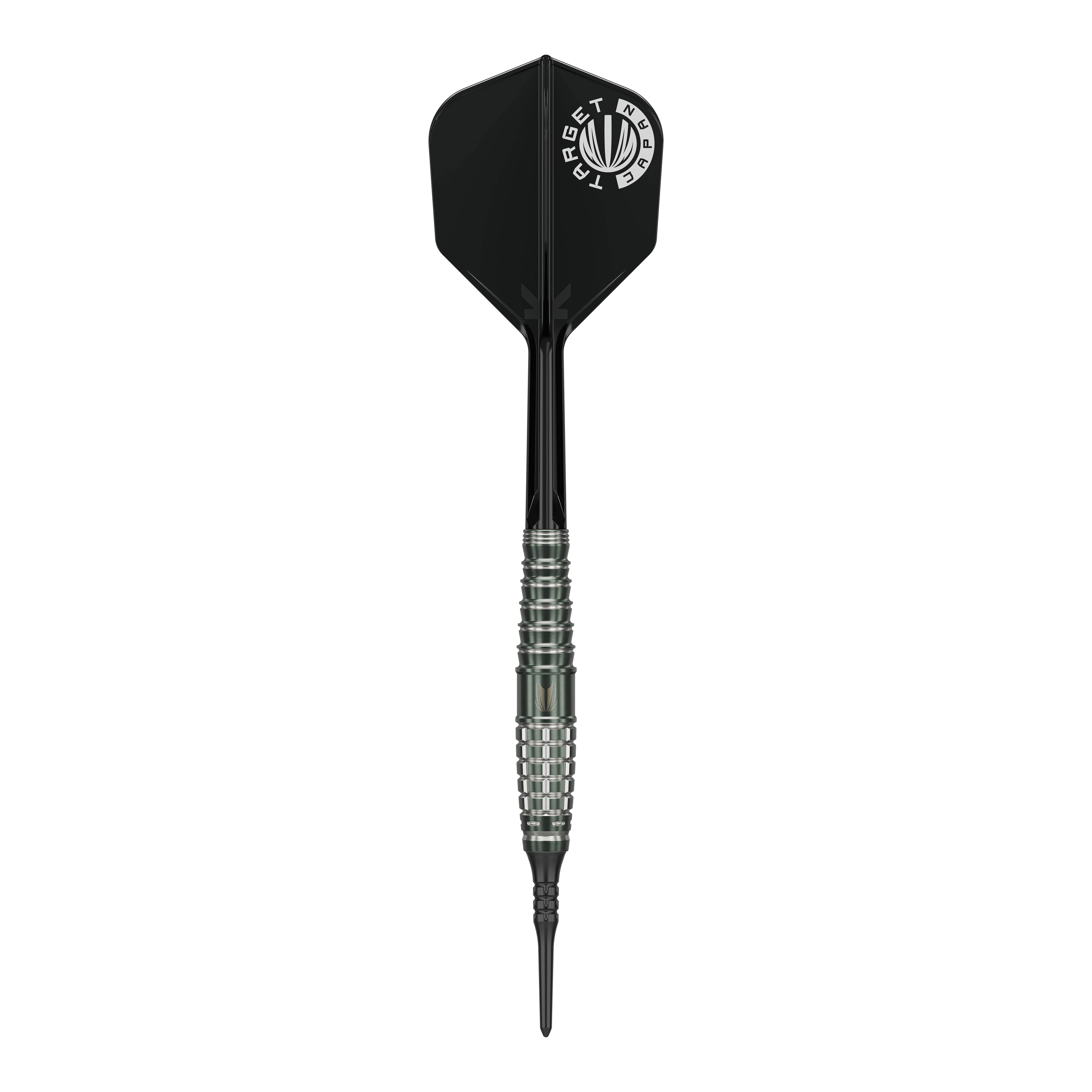 Target Japan Akito Yamagata Scream GEN1 Soft Darts - 19g Das Bild zeigt einen Target Japan Akito Yamagata Scream GEN1 Softdart mit einem Gewicht von 19g. Der Dart hat eine schwarze Spitze, einen silbernen, geriffelten Schaft und eine schwarze Flights mit weißem Aufdruck.